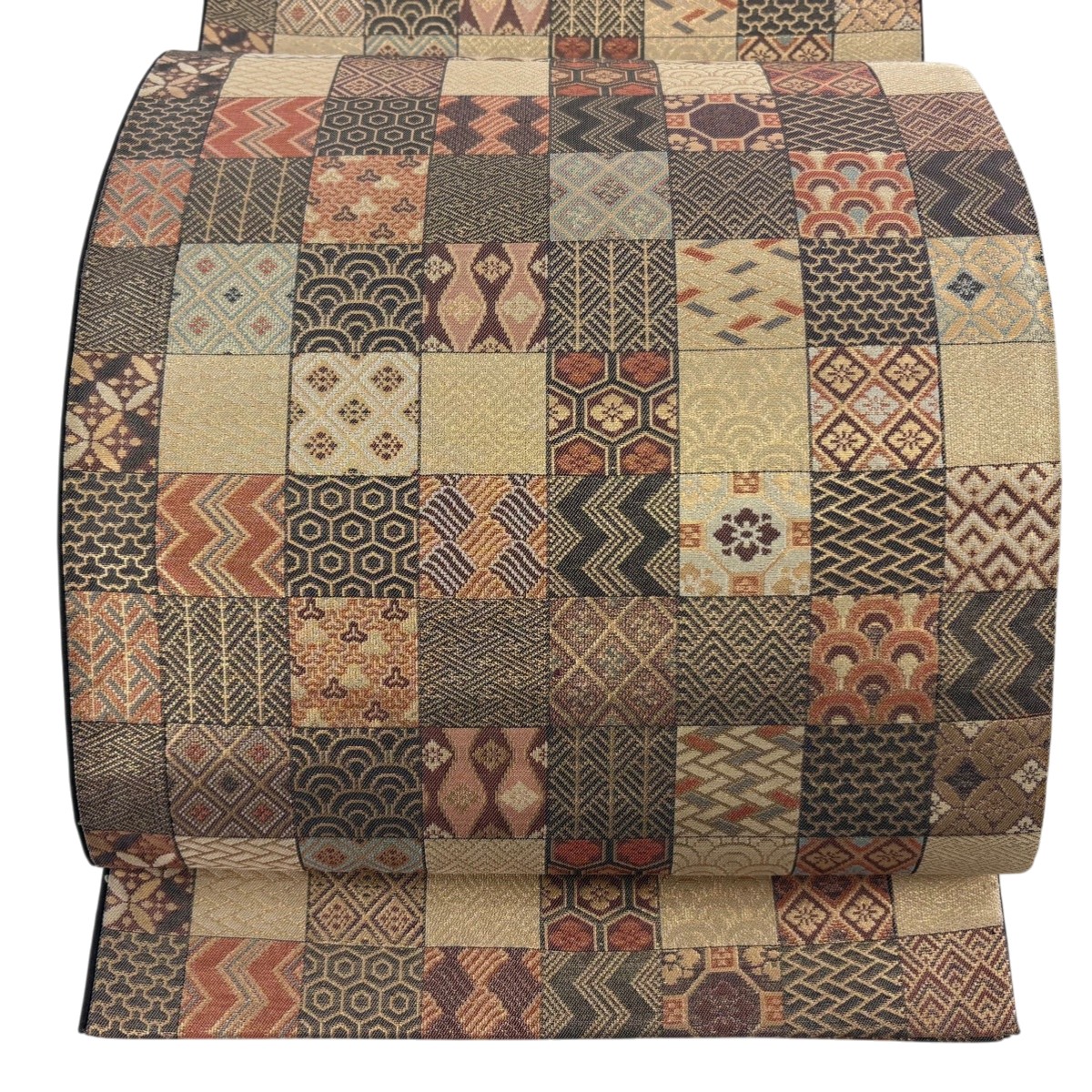 【美品】 袋帯 秀品 変わり市松 有職文様 金通し 箔 茶紫 六通 正絹 【中古】