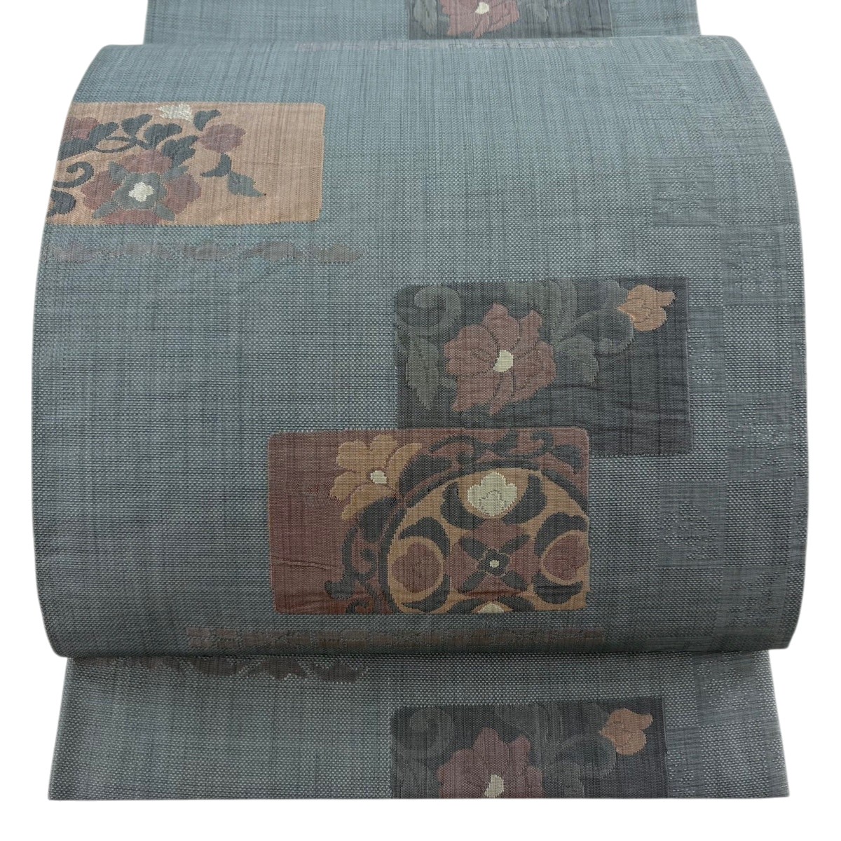 【美品】 袋帯 秀品 花唐草 幾何学模様 灰緑 六通 正絹 【中古】