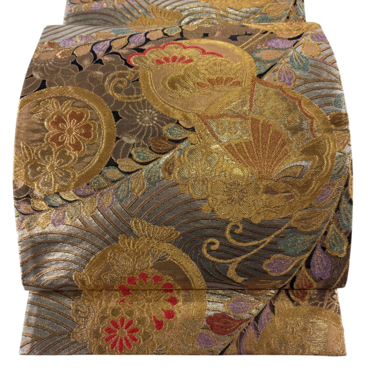 【美品】 袋帯 秀品 草花 波 金糸 箔 金色 六通 正絹 【中古】