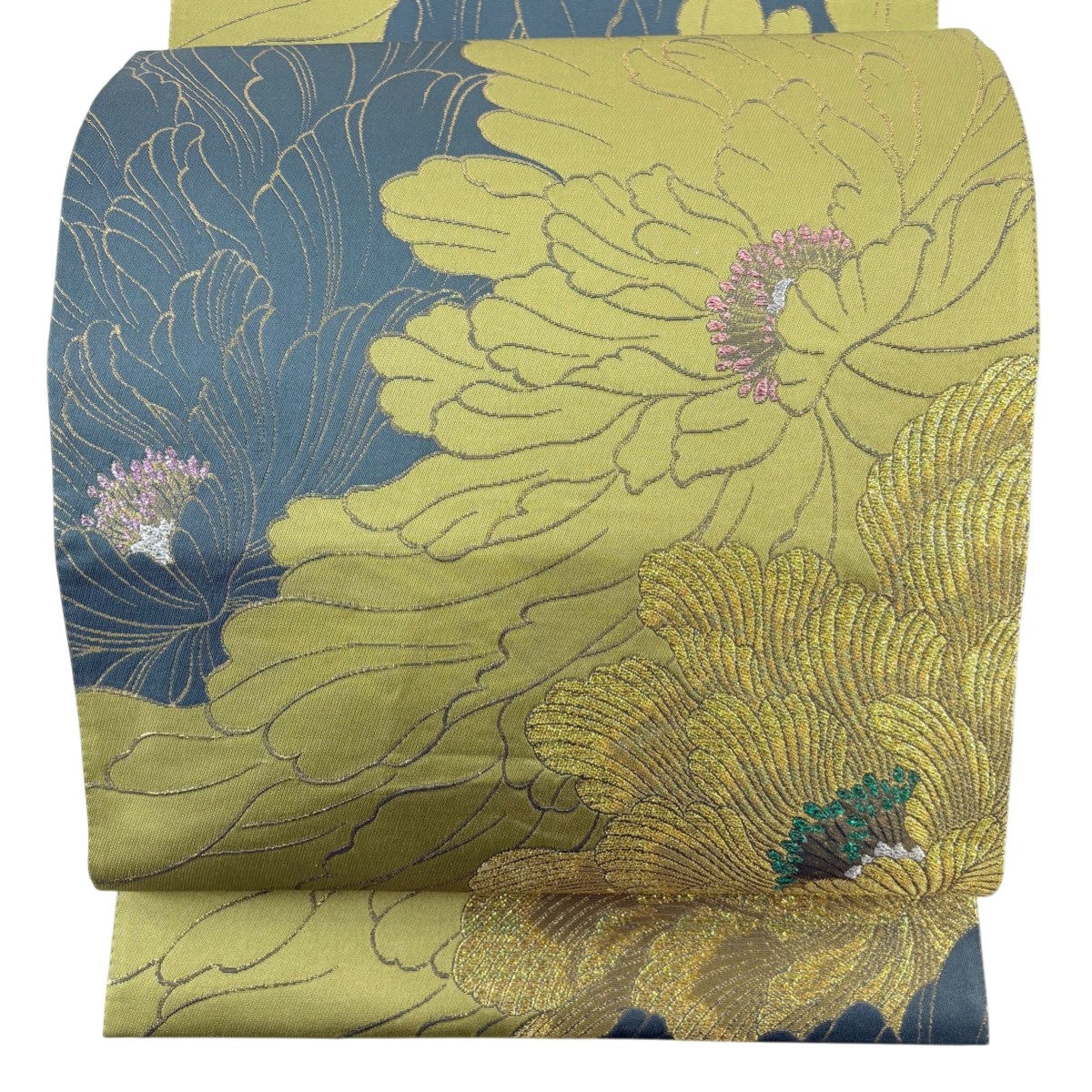 【美品】 袋帯 秀品 花 箔 深緑 六通 正絹 【中古】