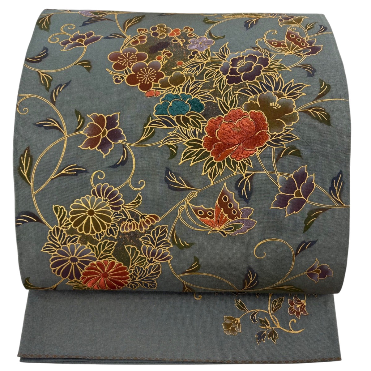 袋帯 秀品 花丸文 蝶 刺繍 金彩 灰緑 お太鼓柄 正絹 【中古】