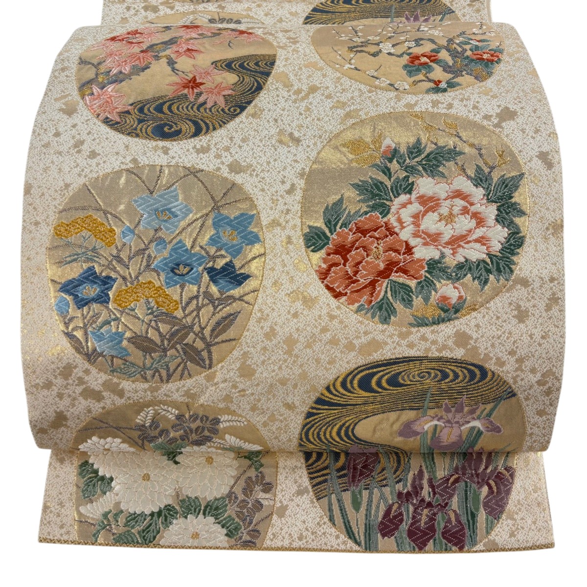 袋帯 秀品 団扇 草花 唐織 箔 金色 六通 正絹 【中古】