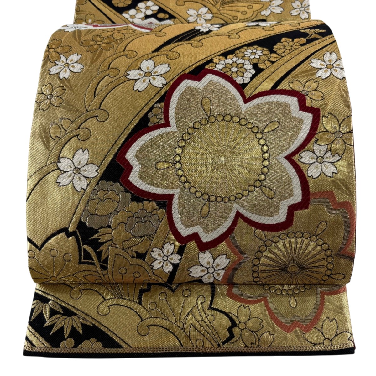 袋帯 秀品 桜 蝶 金銀糸 刺繍 金色 六通 正絹 【中古】