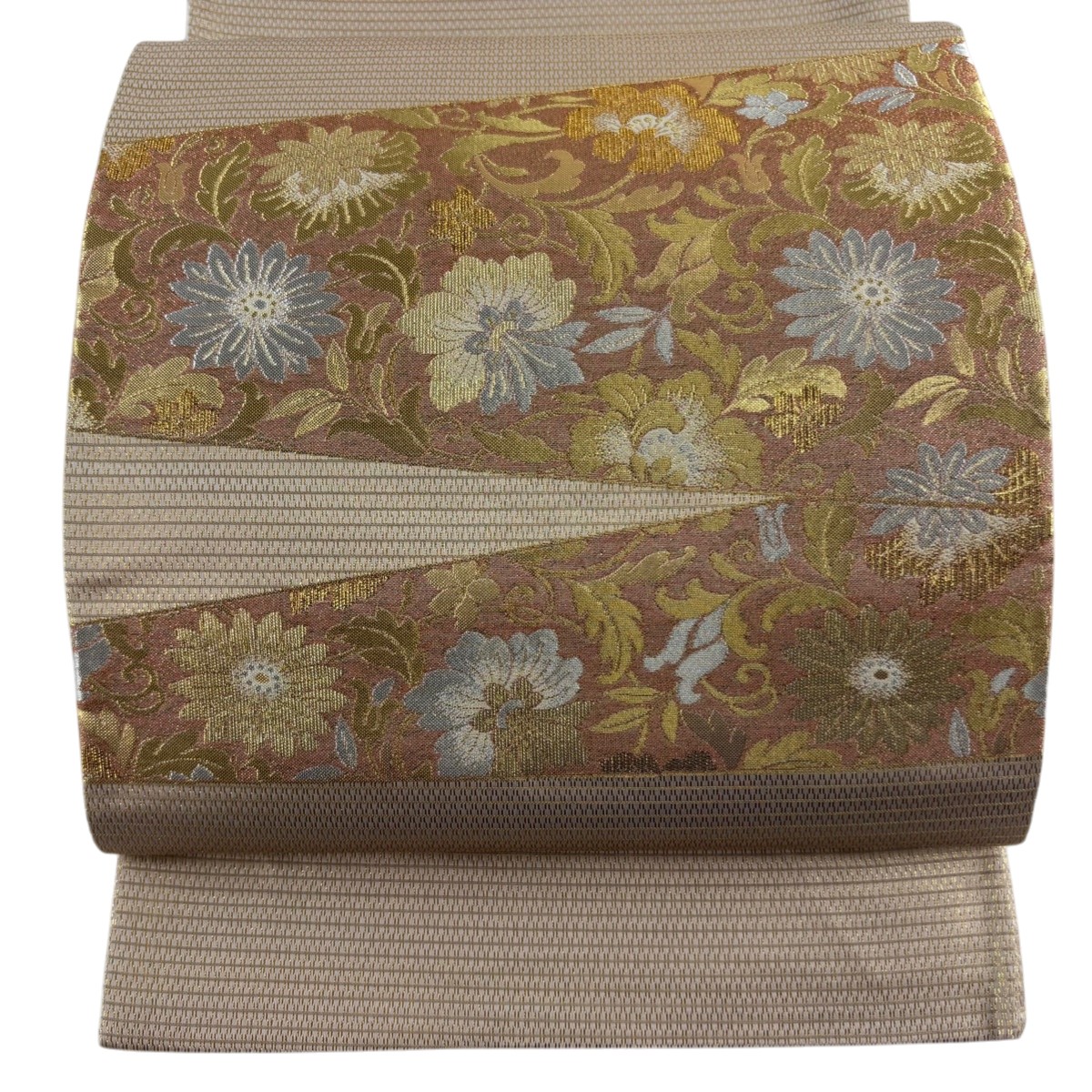 【美品】 袋帯 秀品 証紙あり 花唐草 金銀糸 箔 金色 六通 正絹 【中古】