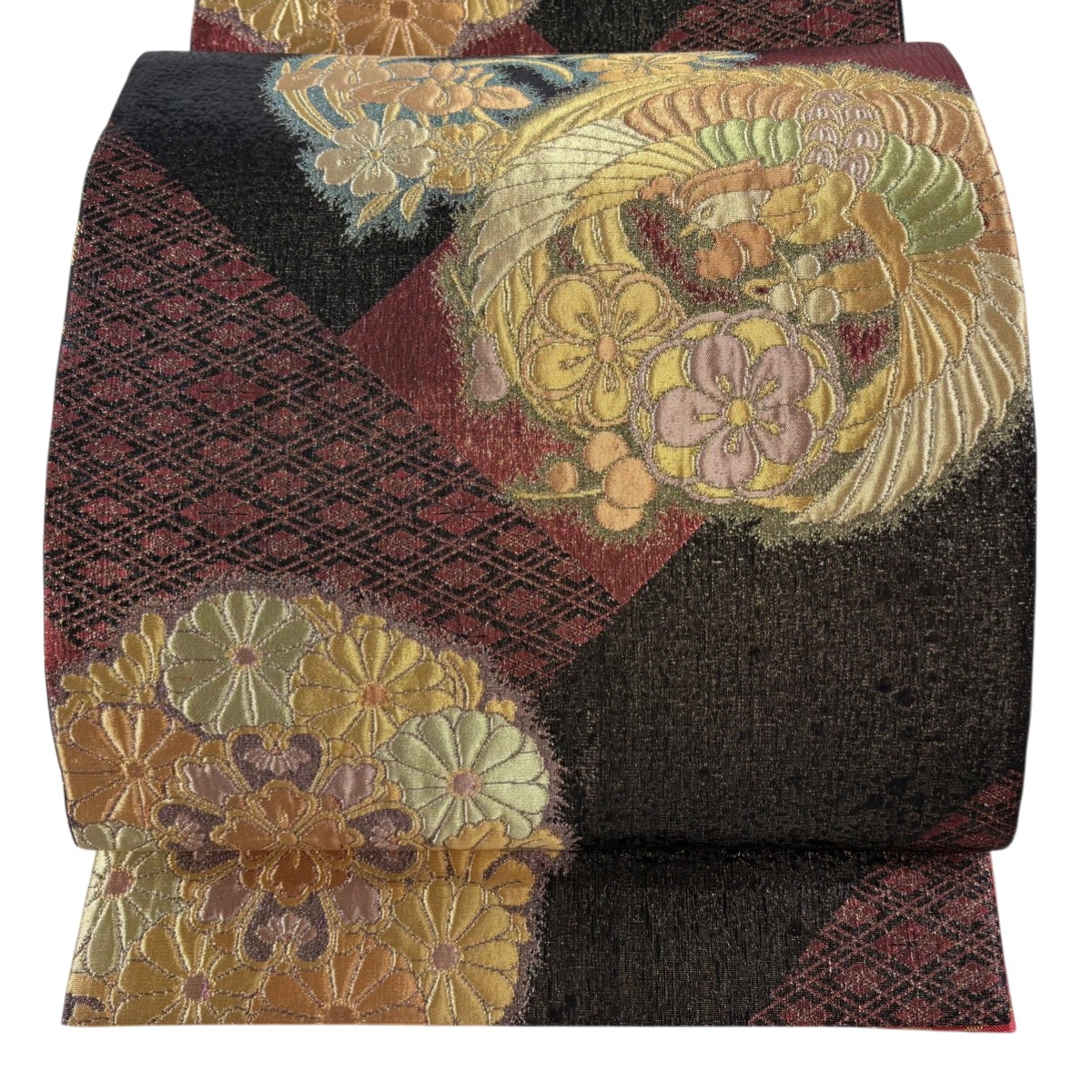 【美品】 袋帯 秀品 振袖向き 花丸文 鳥丸文 金糸 箔 えんじ色 六通 正絹 【中古】 6,424円