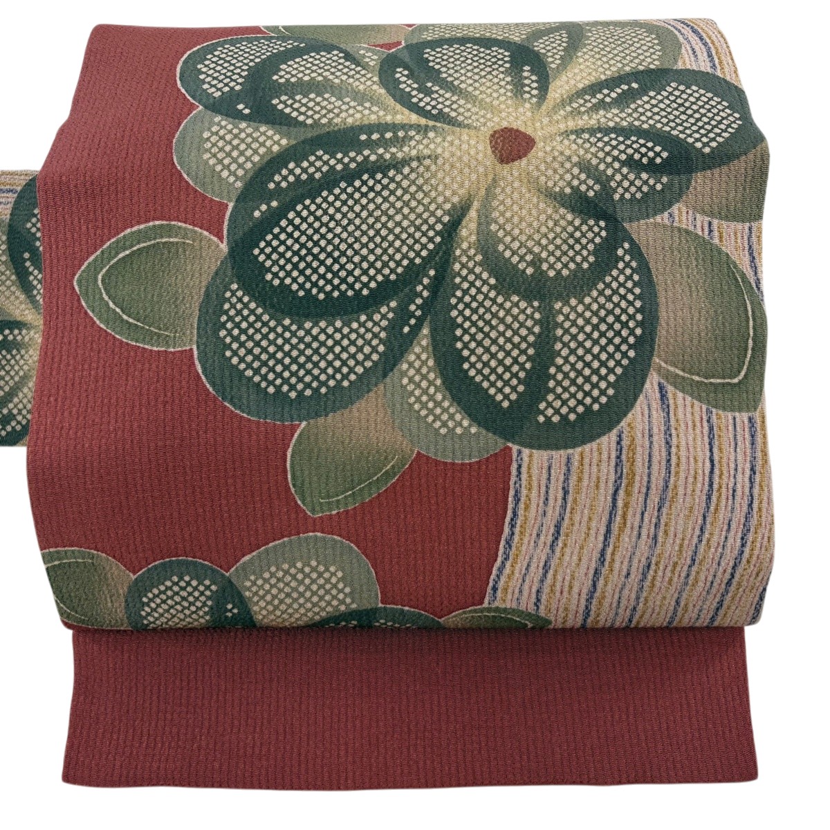 【美品】 名古屋帯 秀品 花 よろけ縞 縮緬 茜色 正絹 【中古】
