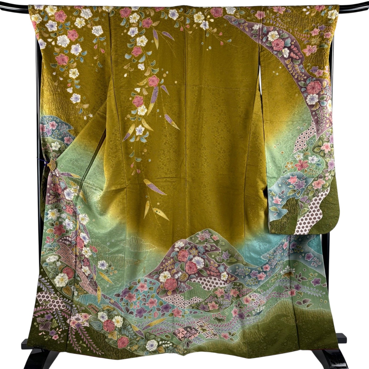 【美品】 振袖 身丈164cm 裄丈68.5cm L 袷 辻ヶ花柄 扇面 金通し 染め分け 茶緑色 正絹 名品 【中古】
