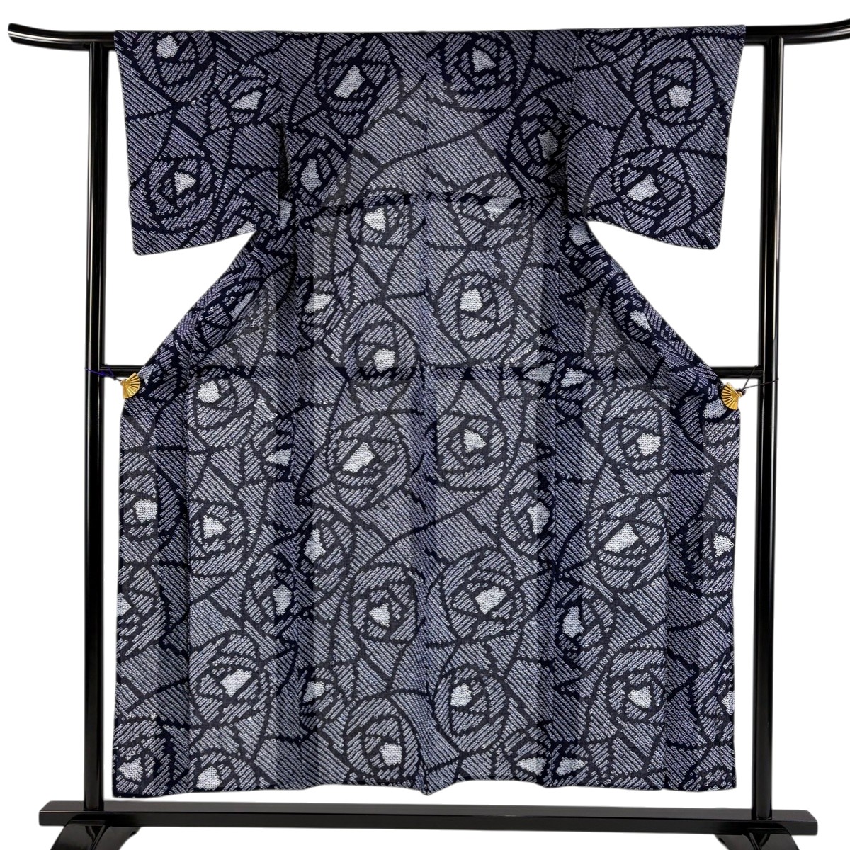 【美品】 浴衣 身丈153cm 裄丈61cm S 絞り浴衣 花 紺色 綿 名品 【中古】