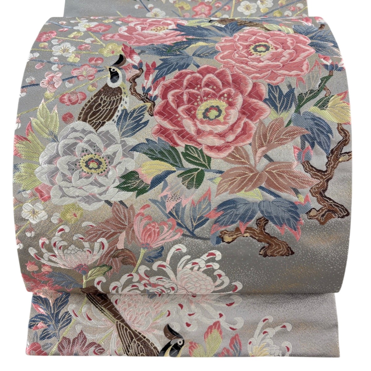 【美品】 袋帯 逸品 百貫華峰監修 落款あり 純金箔 鳥 枝花 箔 灰色 六通 正絹 【中古】