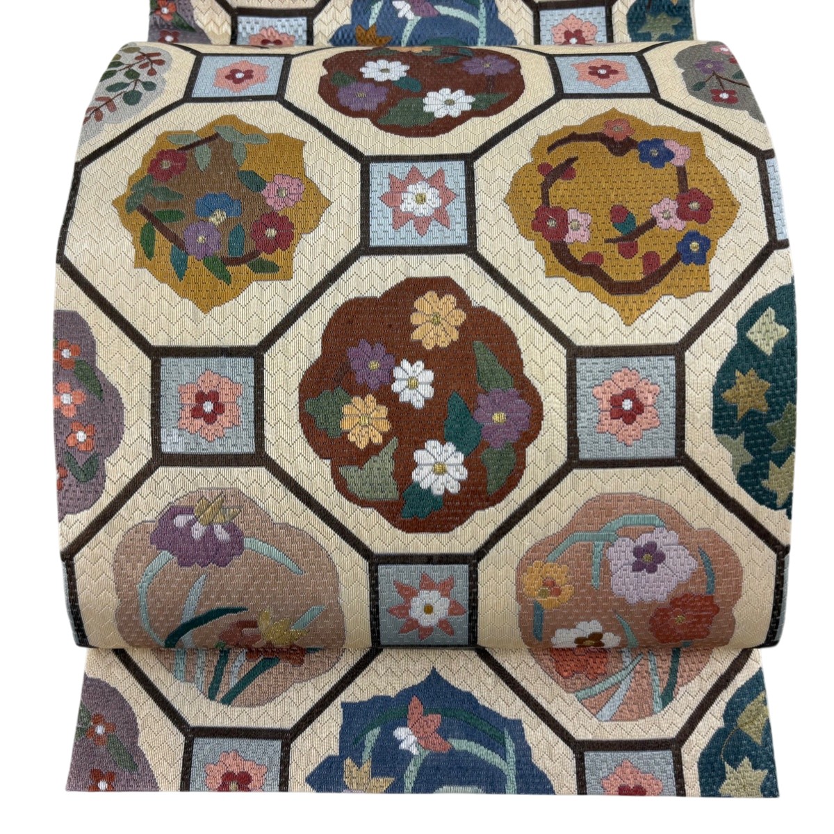 袋帯 逸品 蜀江文 草花 刺繍 金糸 クリーム 全通 正絹 【中古】