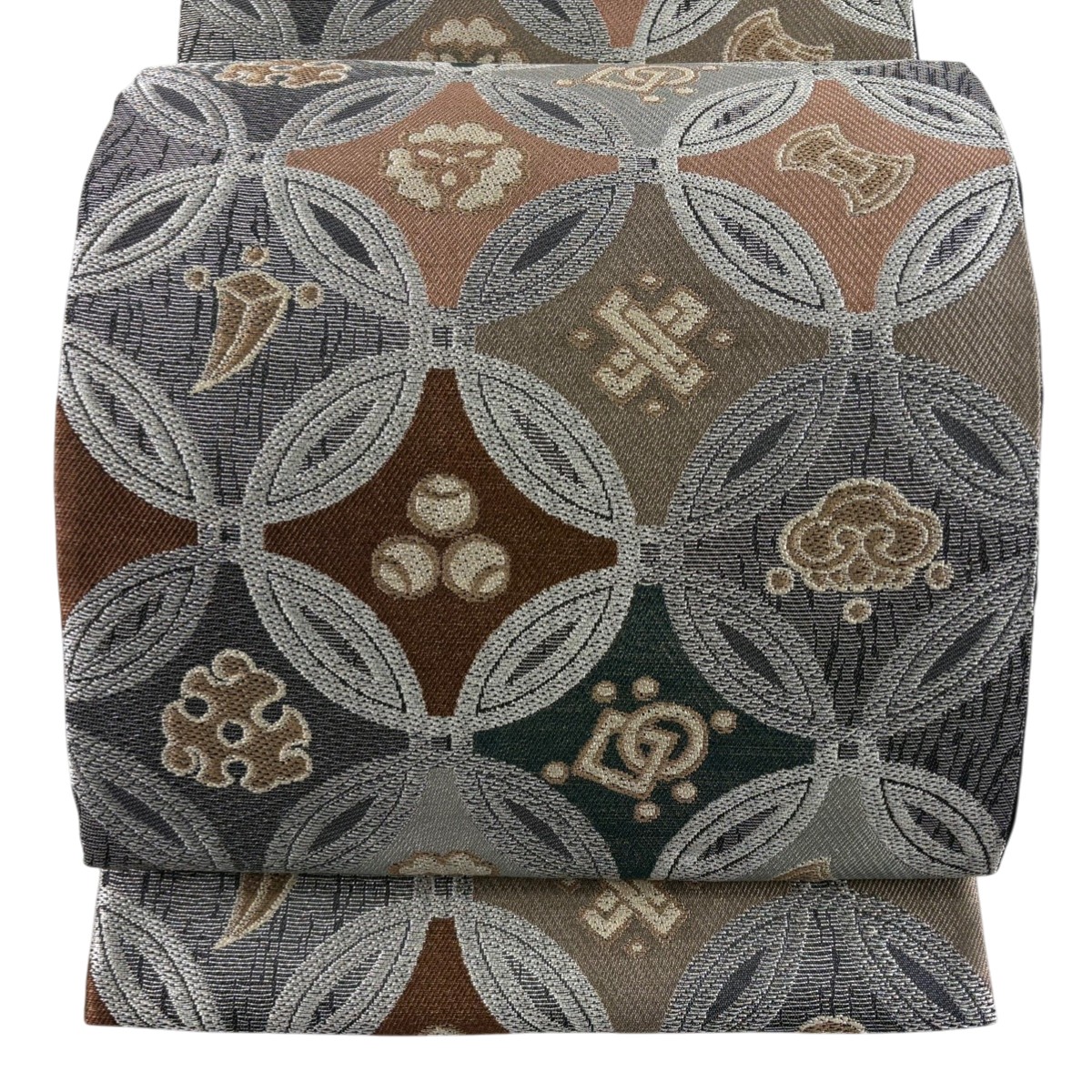 【美品】 袋帯 名品 七宝 宝尽くし 金銀糸 箔 灰色 六通 正絹 【中古】