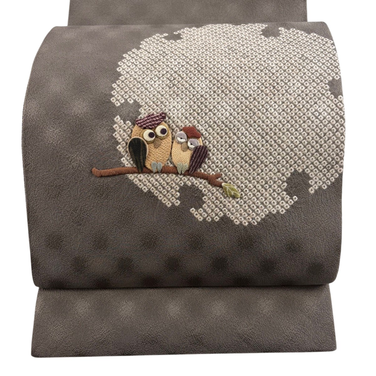 【美品】 袋名古屋帯 名品 雪輪 ふくろう 絞り 灰茶 正絹 【中古】