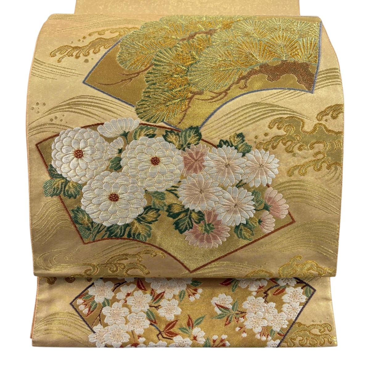 袋帯 名品 落款あり 本家加納 扇面 松 金糸 唐織 金色 お太鼓柄 正絹 【中古】
