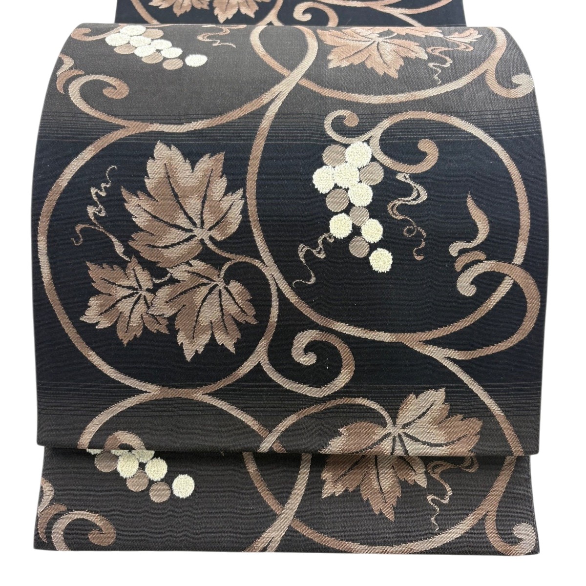 【美品】 袋帯 名品 証紙あり 葡萄唐草 横段 焦茶色 六通 正絹 【中古】