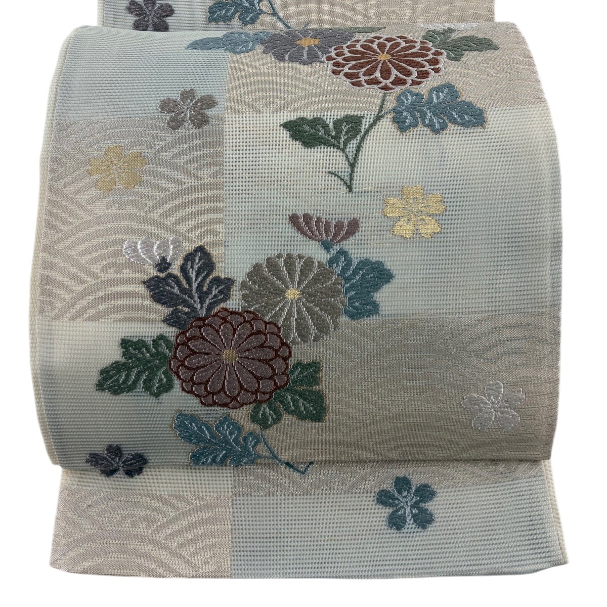 袋帯 名品 夏帯 絽 菊 桜 刺繍 箔 灰緑 六通 正絹 【中古】
