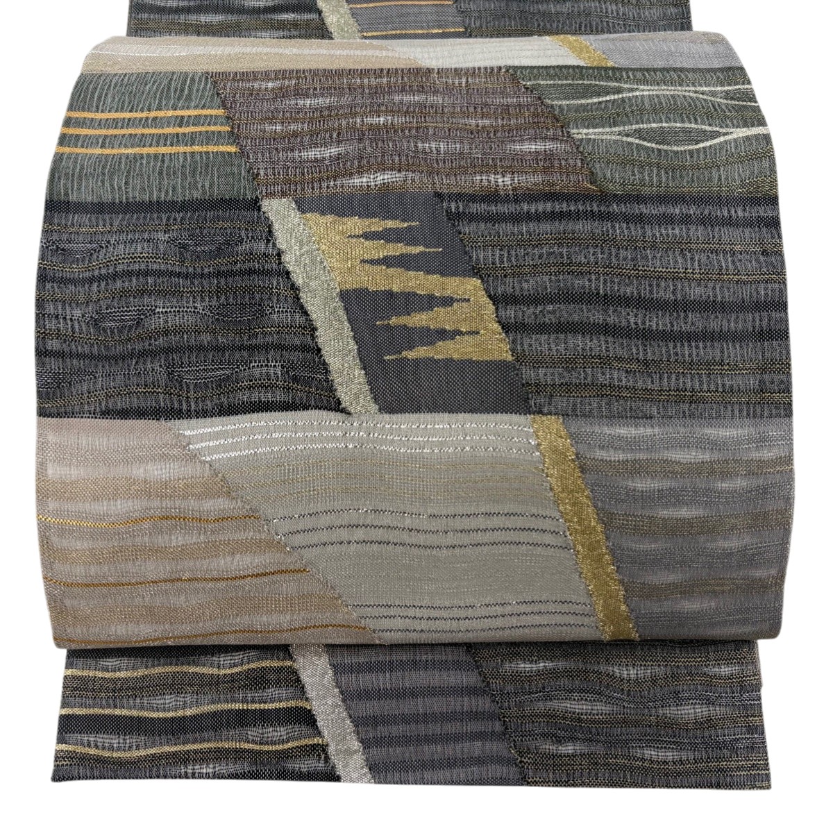 【美品】 袋帯 名品 夏帯 幾何学模様 金銀糸 箔 灰色 全通 正絹 【中古】