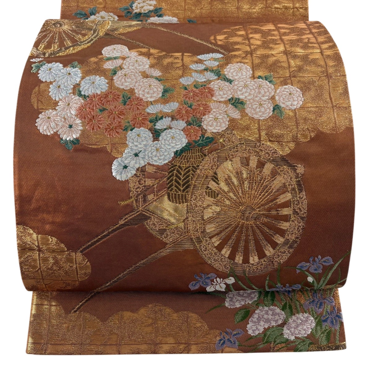袋帯 名品 じゅらく 落款あり 花車 雲文 唐織 菌糸 茶色 六通 正絹 【中古】