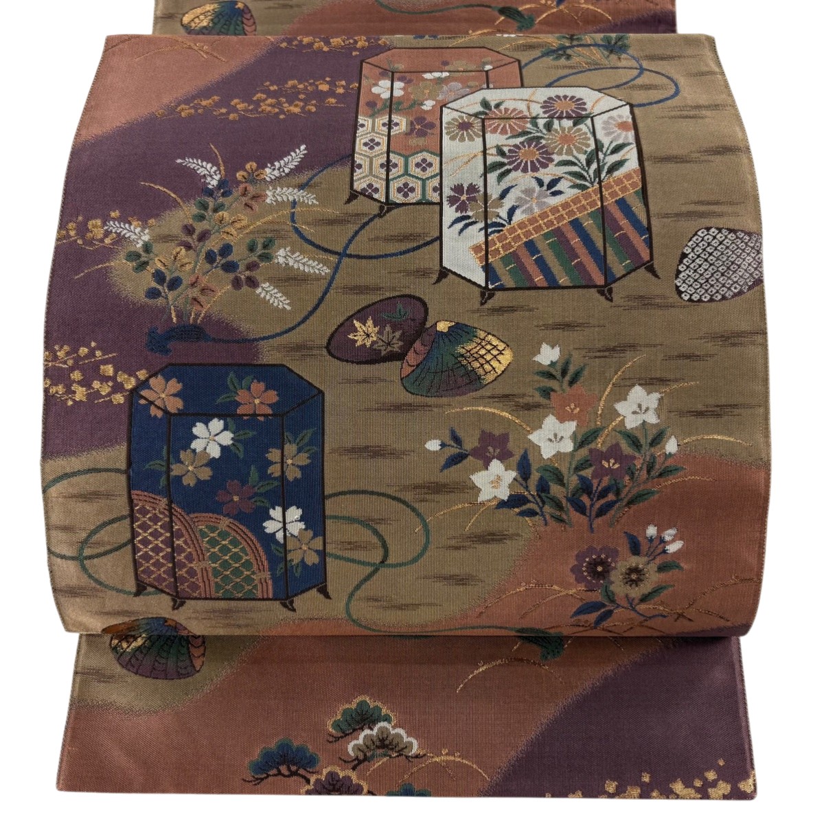 袋帯 名品 花井幸子 落款あり 貝桶 草花 箔 ベージュ 六通 正絹 【中古】