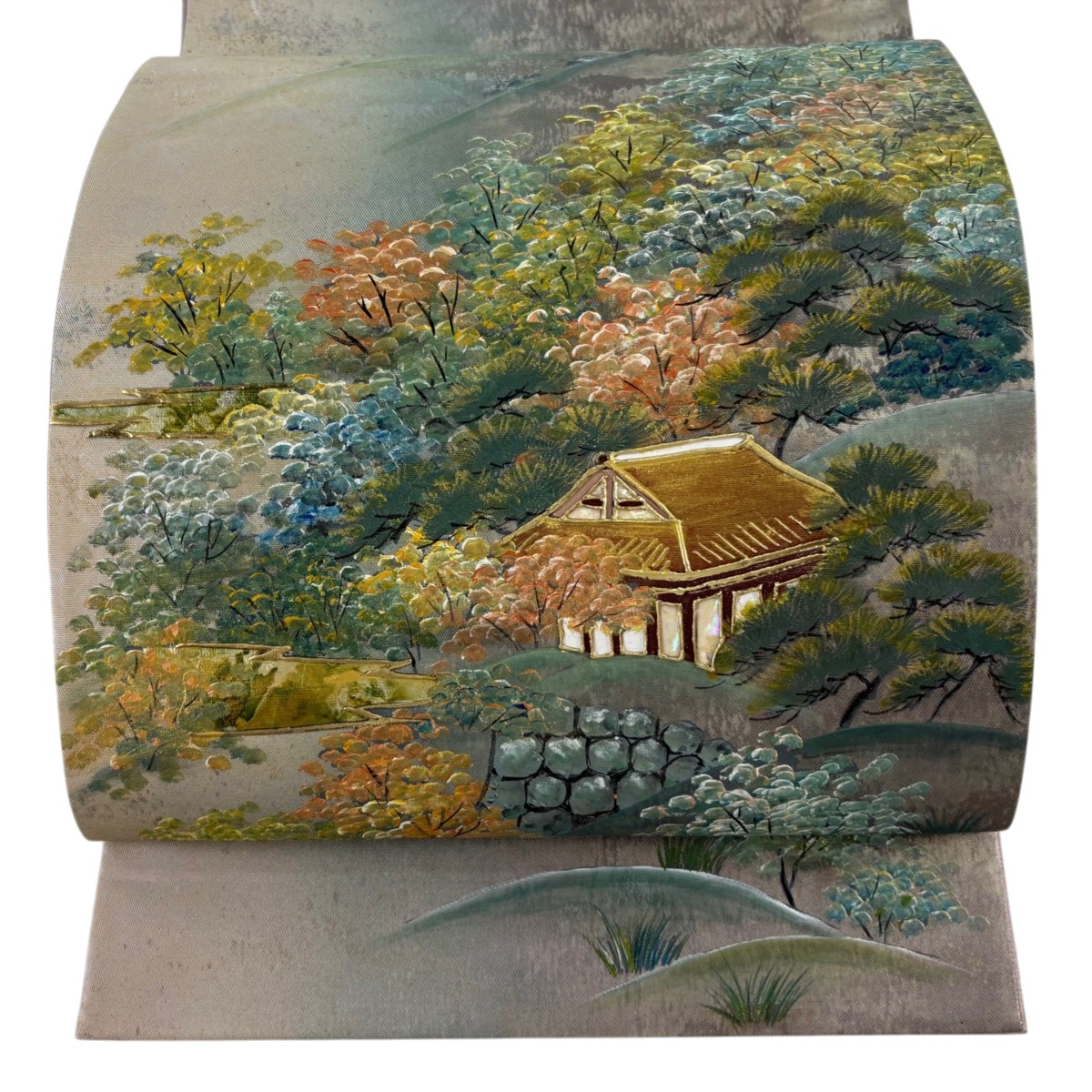 袋帯 名品 風景 建物 螺鈿 金彩 灰茶 お太鼓柄 正絹 【中古】
