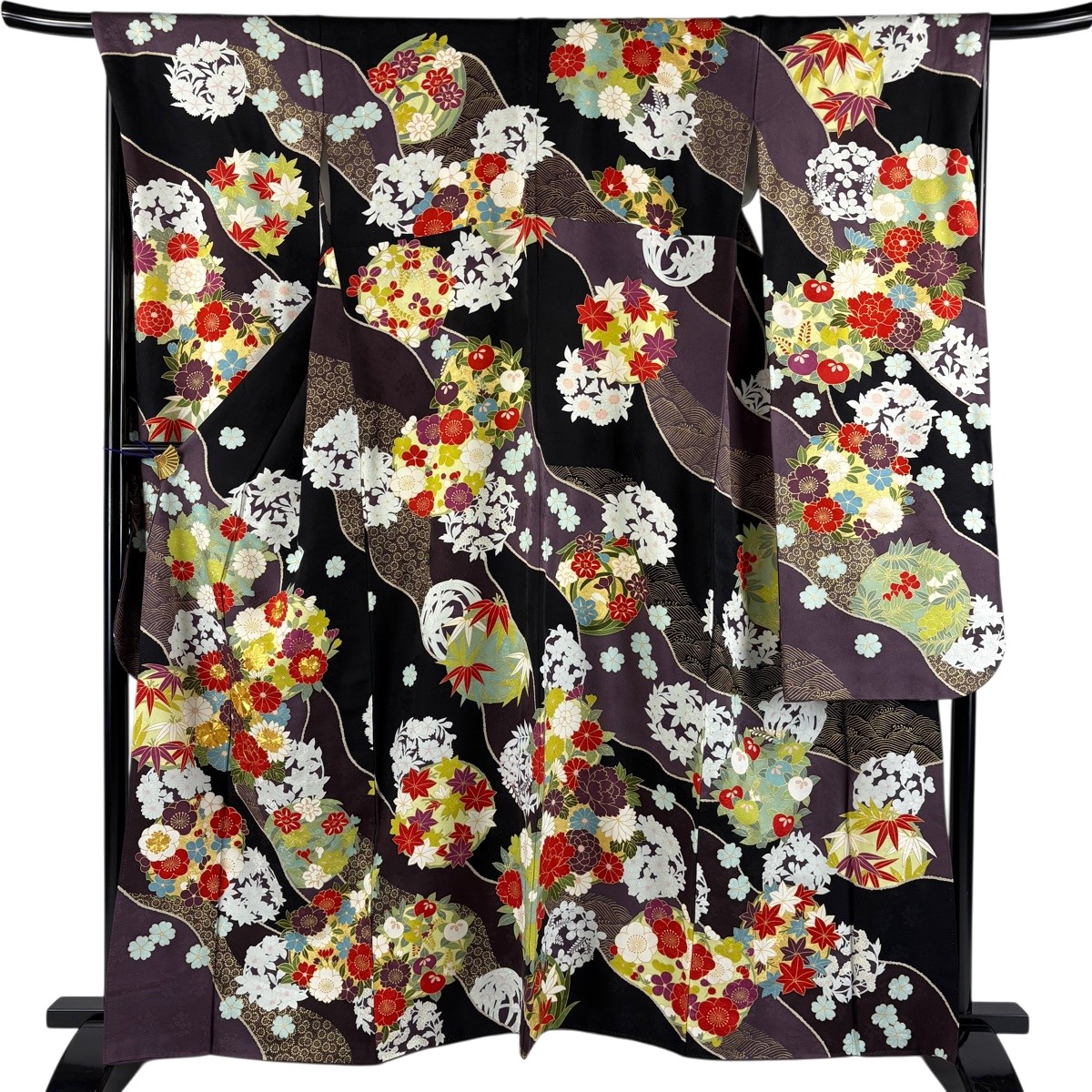 【美品】 振袖 身丈161cm 裄丈68cm L 袷 花丸文 道長取り 金糸 金彩 黒 正絹 名品 【中古】