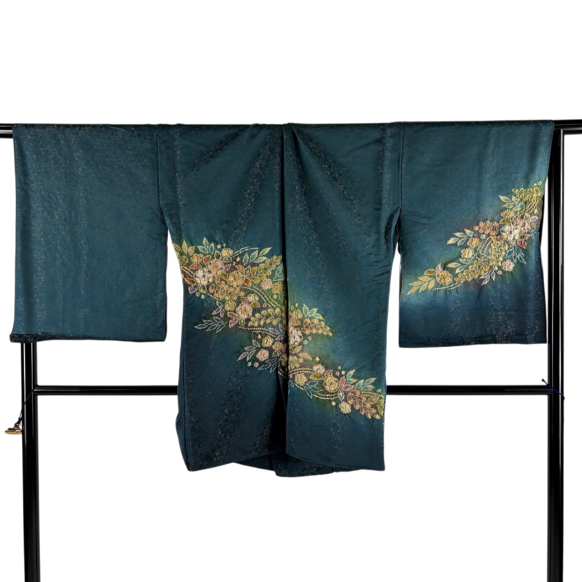 【美品】 道中着 身丈88.5cm 裄丈65.5cm 未仕立て 翠山工房 仮絵羽 和装コート 落款あり 辻が花 金糸 ぼかし 深緑 正絹 名品 【中古】