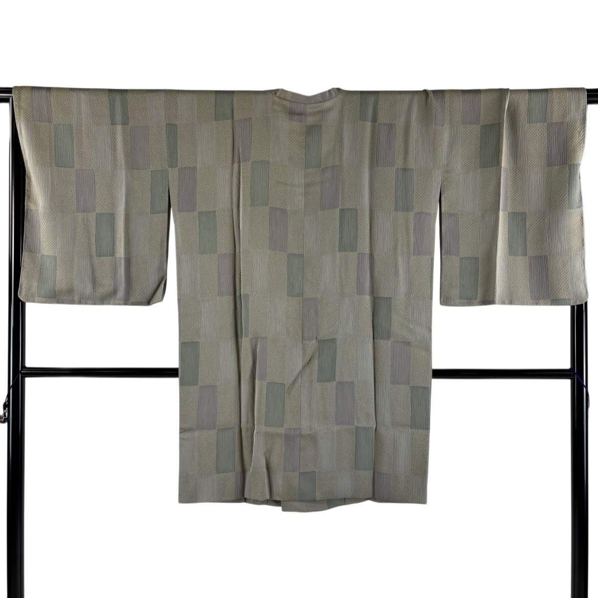 【美品】 道行 身丈95.5cm 裄丈68cm L 和装コート 角衿 変わり市松 疋田 灰緑 正絹 名品 【中古】