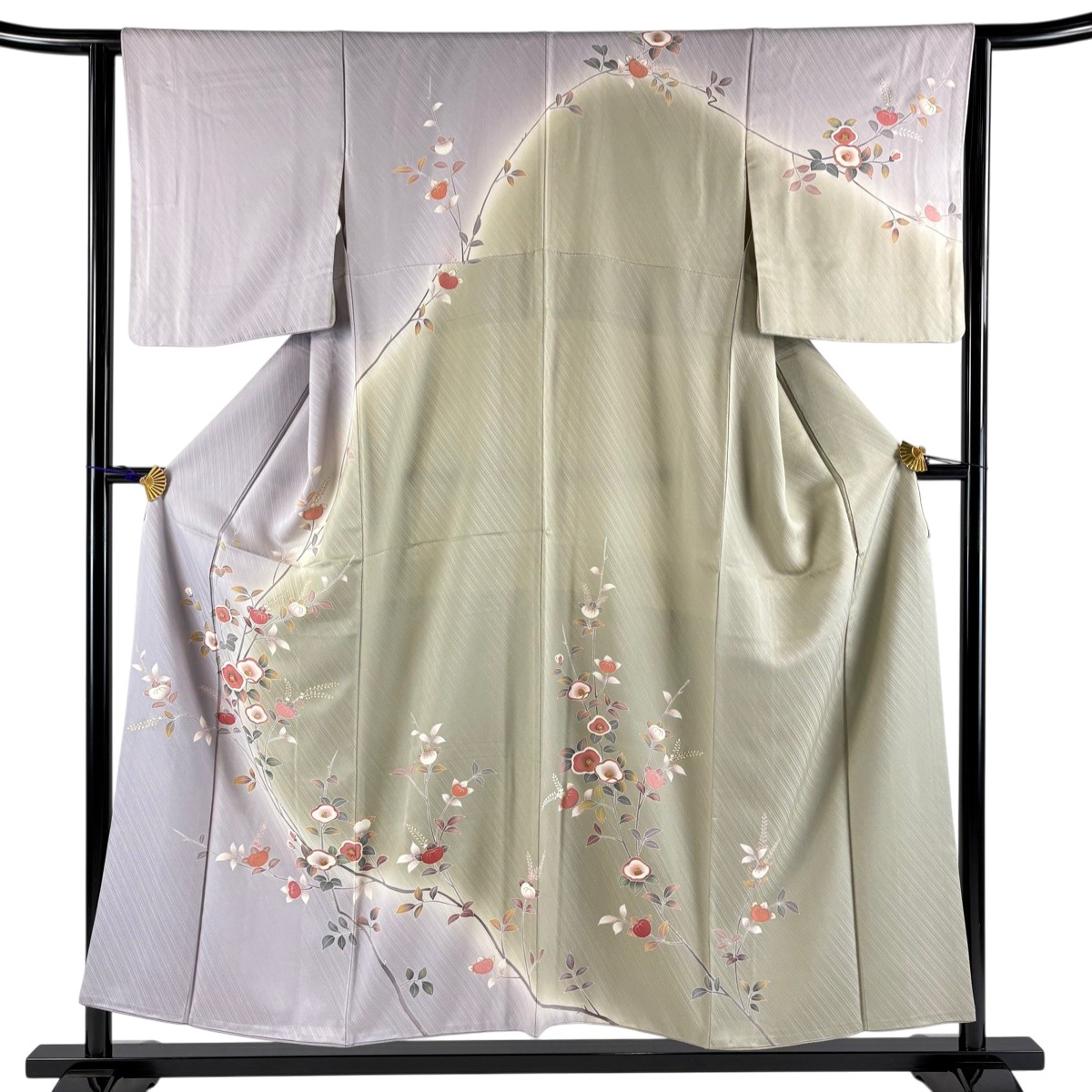 訪問着 身丈153cm 裄丈63cm S 袷 椿 橘 染め分け ぼかし 薄紫 正絹 名品 【中古】