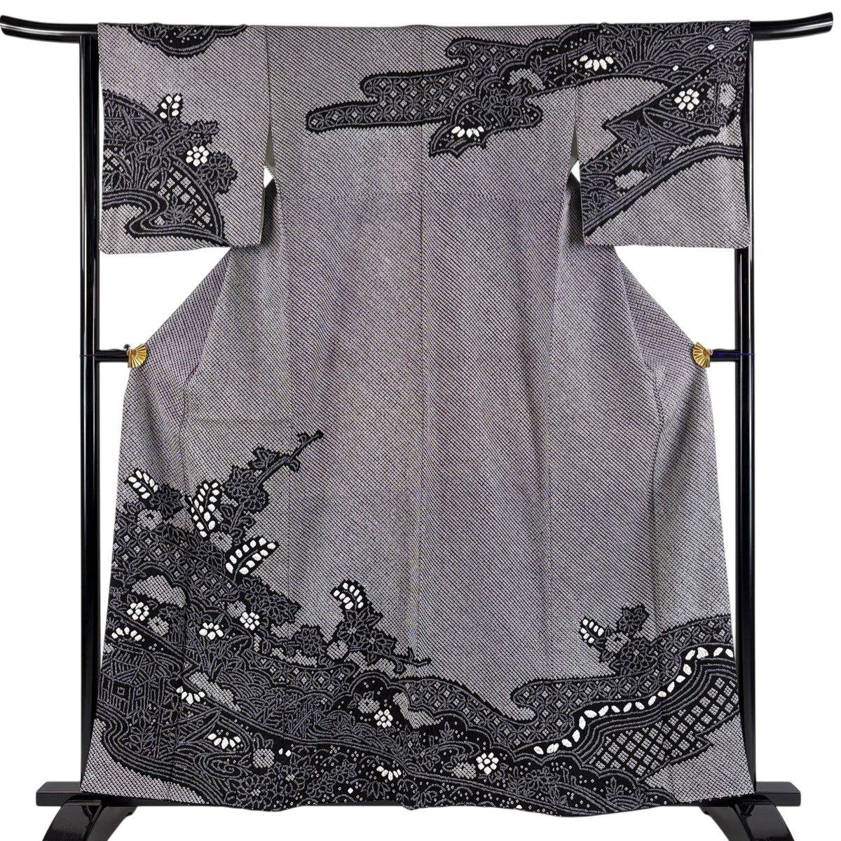 訪問着 身丈159cm 裄丈65cm M 袷 草花 流水 総絞り 黒 正絹 名品 【中古】