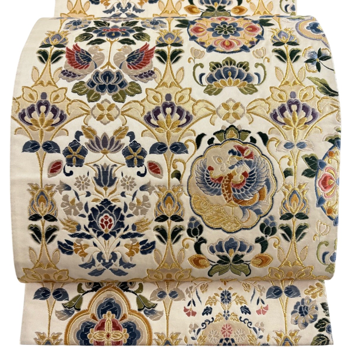 袋帯 秀品 草花 鳳凰 金糸 唐織 クリーム 六通 正絹 【中古】