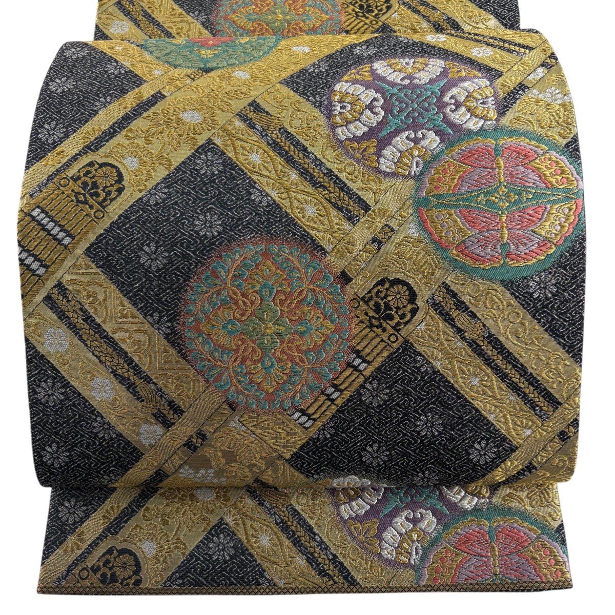 【美品】 袋帯 秀品 華文 向かい蝶 唐織 箔 黒 六通 正絹 【中古】