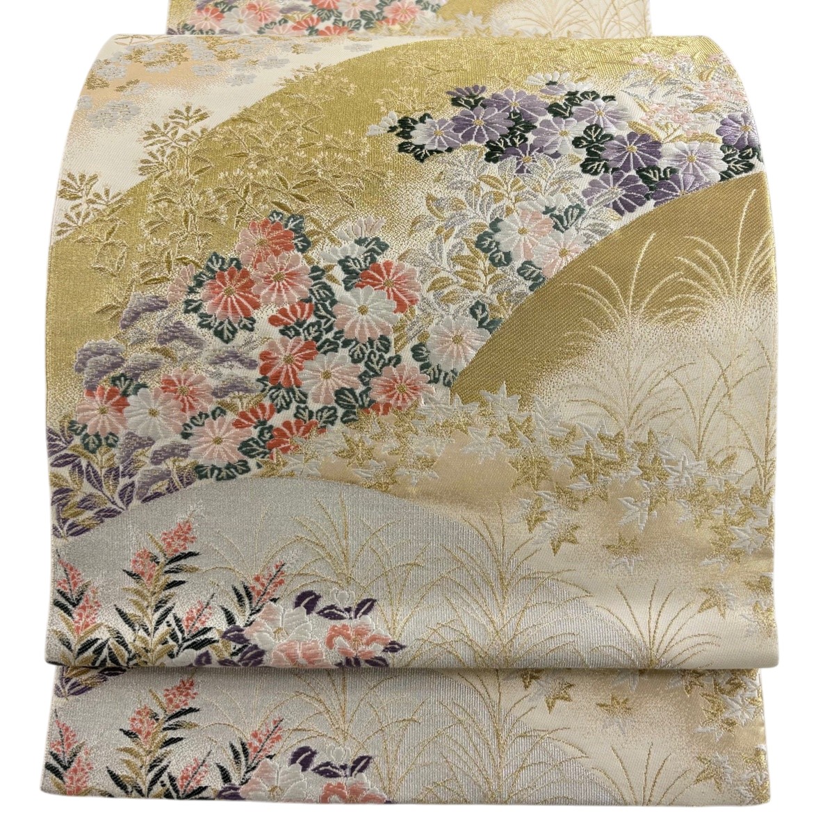【美品】 袋帯 秀品 草花 山 金銀糸 唐織 クリーム 六通 正絹 【中古】