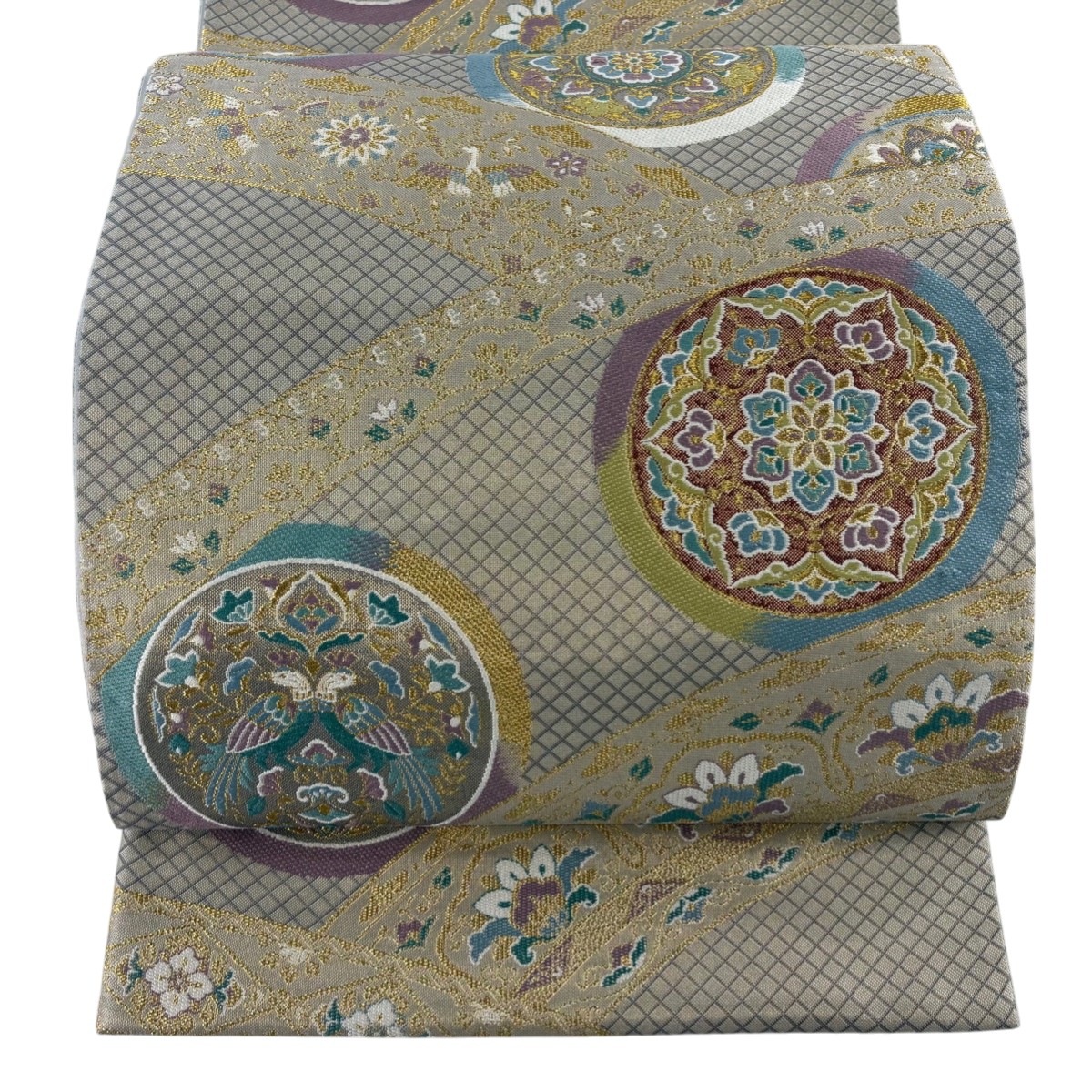 袋帯 秀品 向かい鳥 華文 金糸 灰色 六通 正絹 【中古】