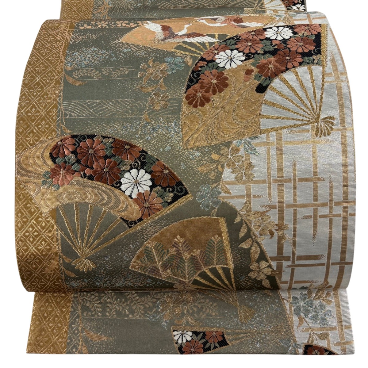 【美品】 袋帯 秀品 扇 花鳥 金糸 箔 茶緑色 六通 正絹 【中古】