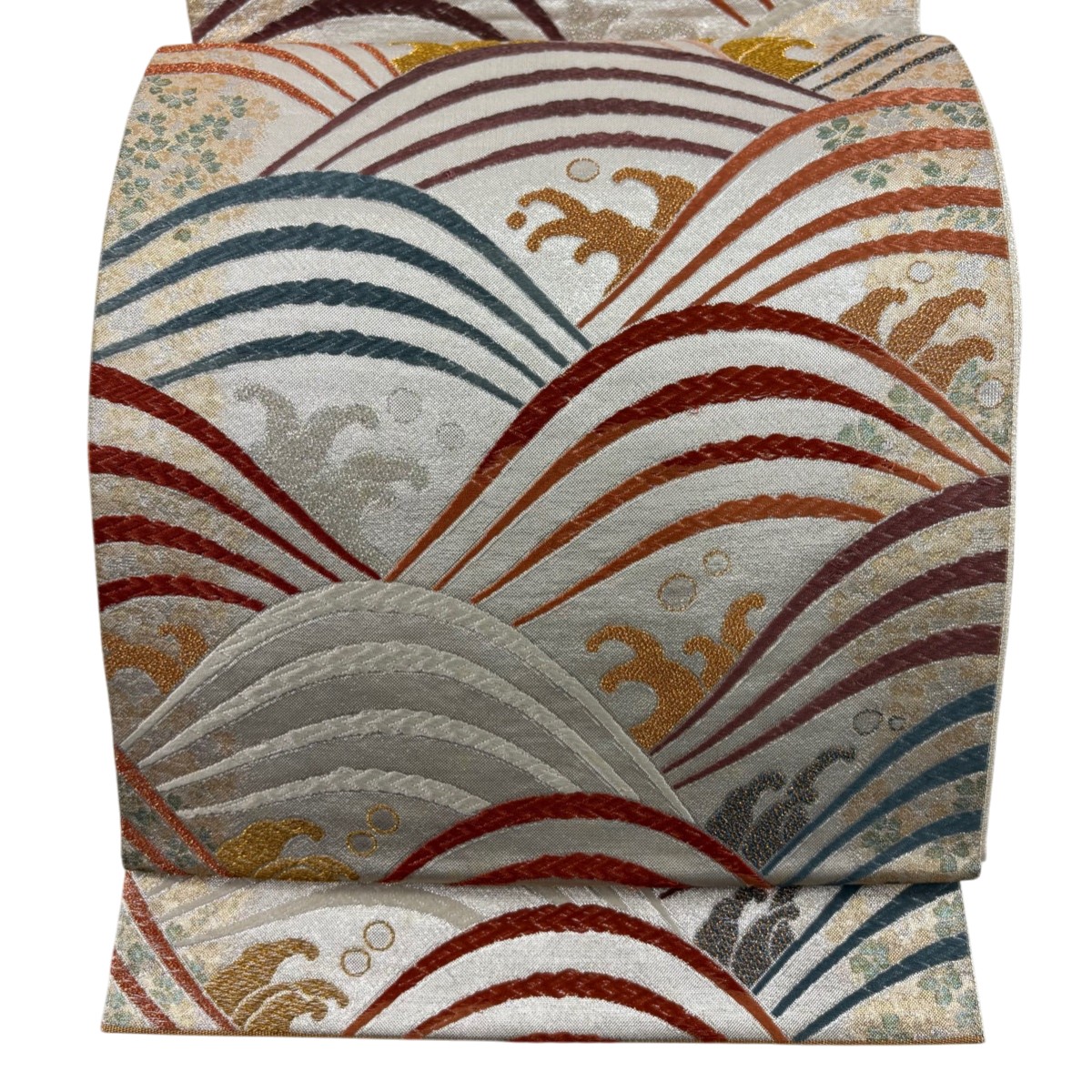 袋帯 秀品 波 刺繍 箔 銀色 六通 正絹 【中古】