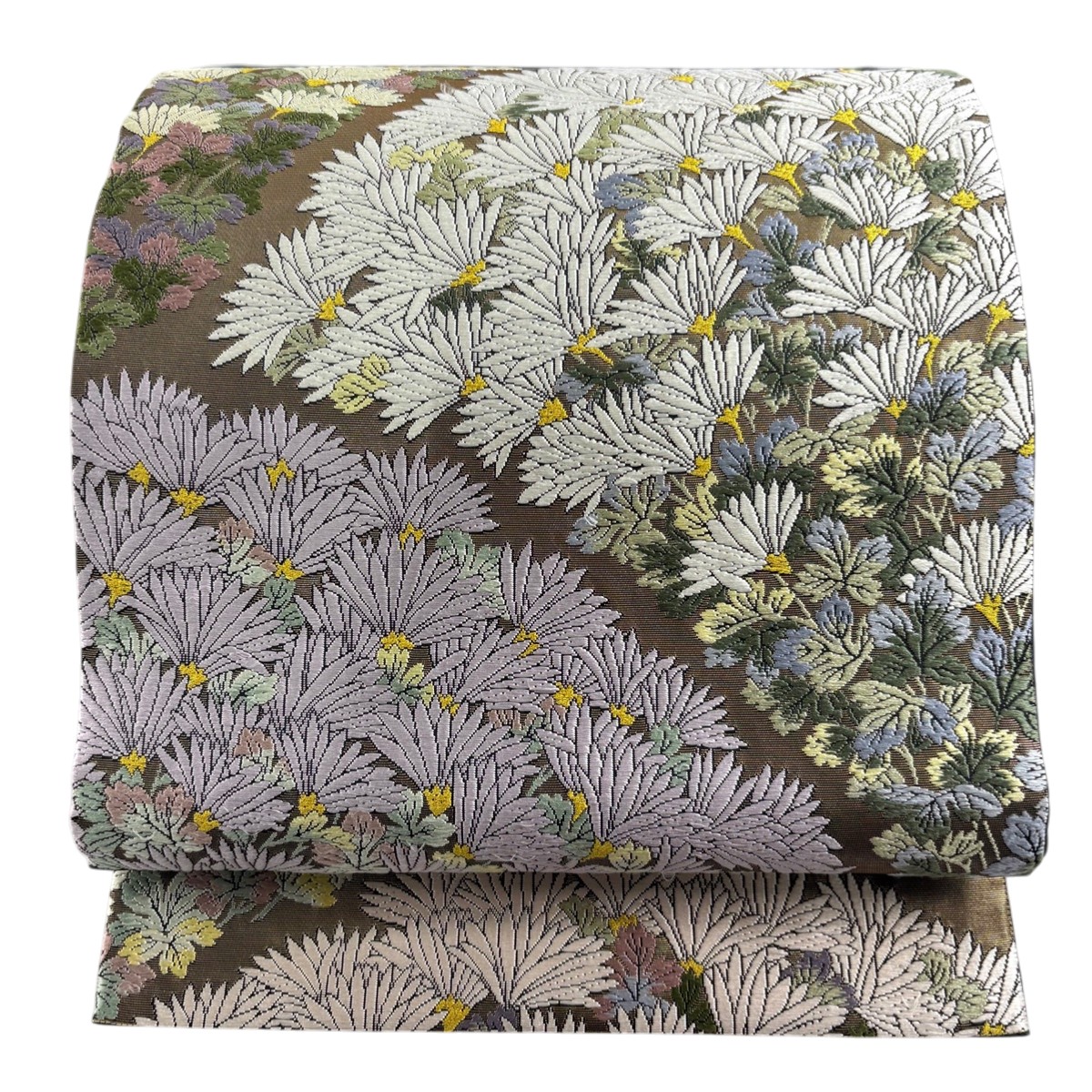 袋帯 秀品 菊 唐織 箔 金色 お太鼓柄 正絹 【中古】