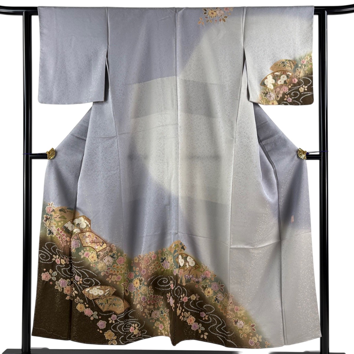 【美品】 訪問着 身丈150cm 裄丈61cm S 袷 徳永憲峯 落款あり 扇面 辻が花 金通し 金彩 青灰色 正絹 逸品 【中古】