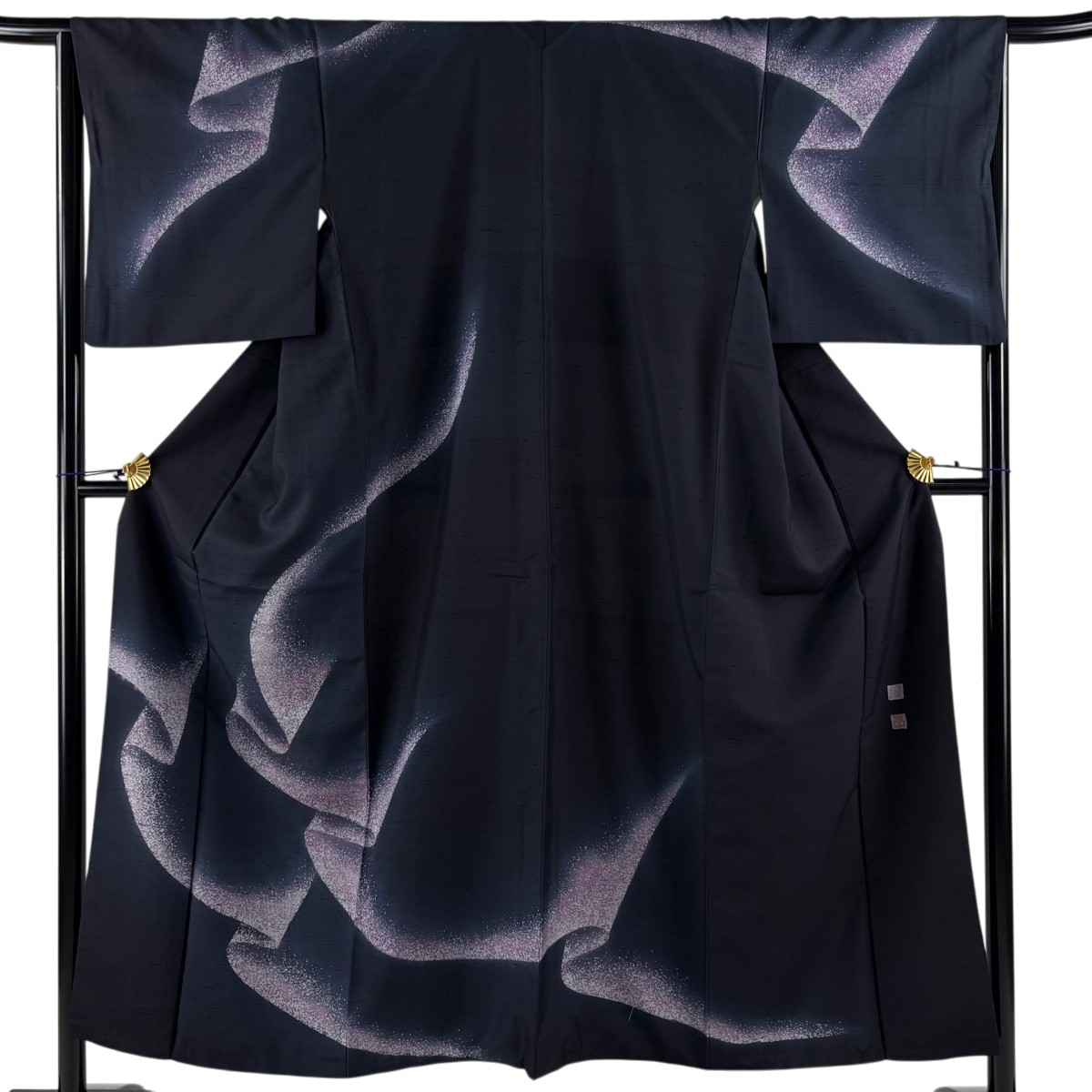 【美品】 訪問着 身丈152cm 裄丈65.5cm M 袷 牛首紬地 落款あり 幾何学模様 墨色 正絹 逸品 【中古】