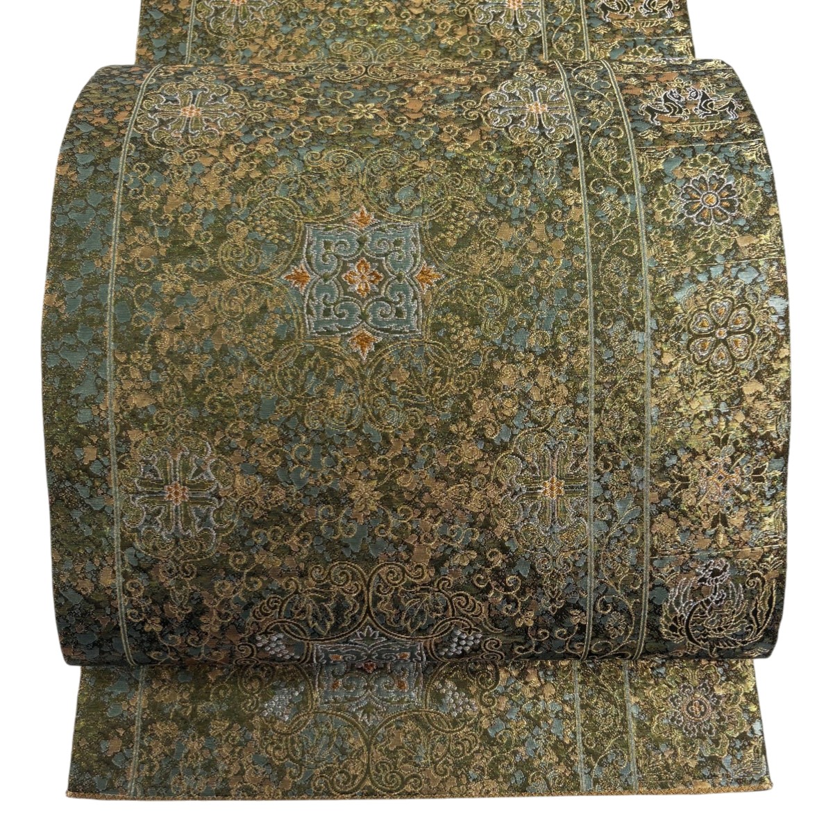 袋帯 秀品 関西仕立て 花鳥 葡萄唐草 箔 金銀糸 茶緑色 六通 正絹 【中古】