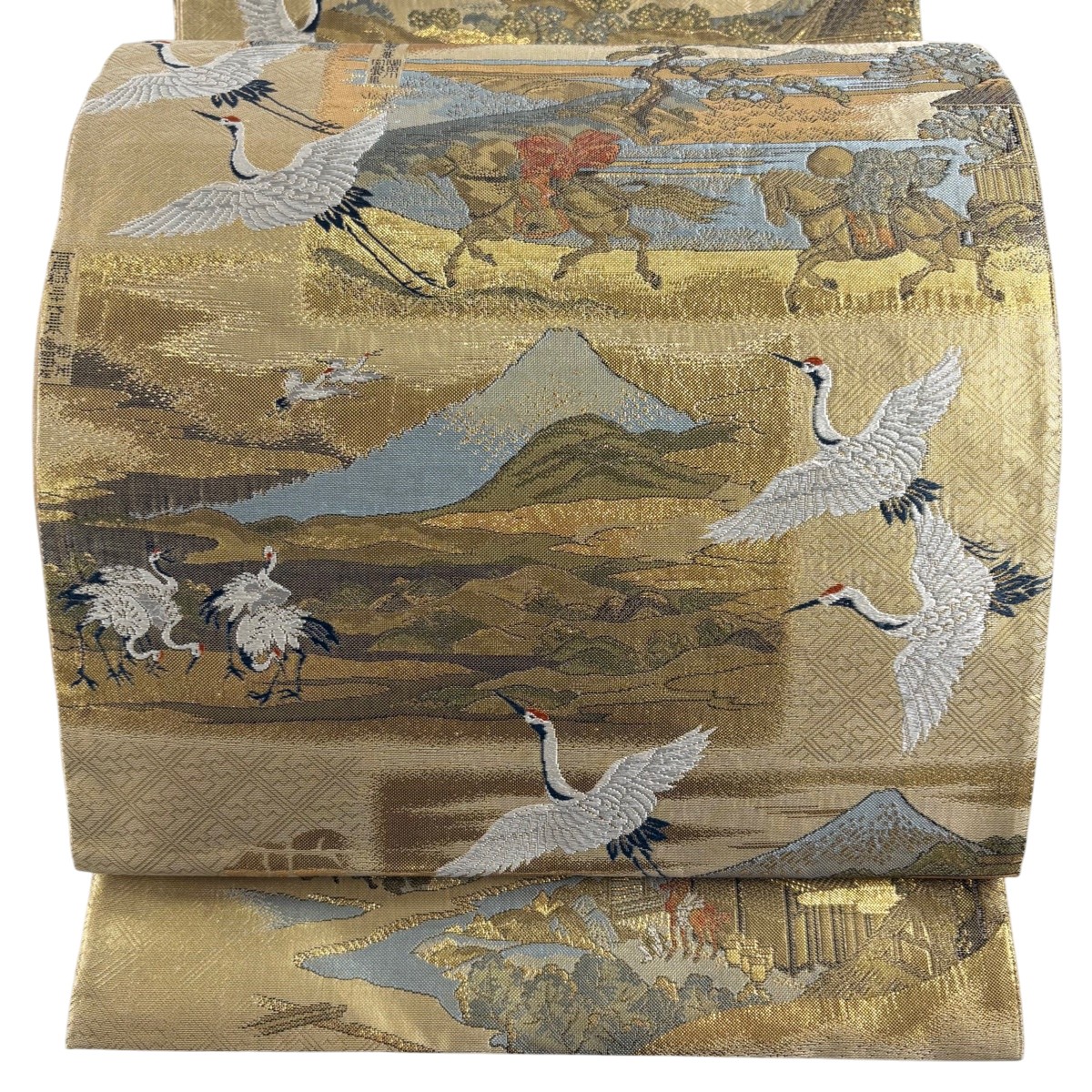 袋帯 秀品 富嶽三十六景 鶴 箔 ベージュ お太鼓柄 正絹 【中古】
