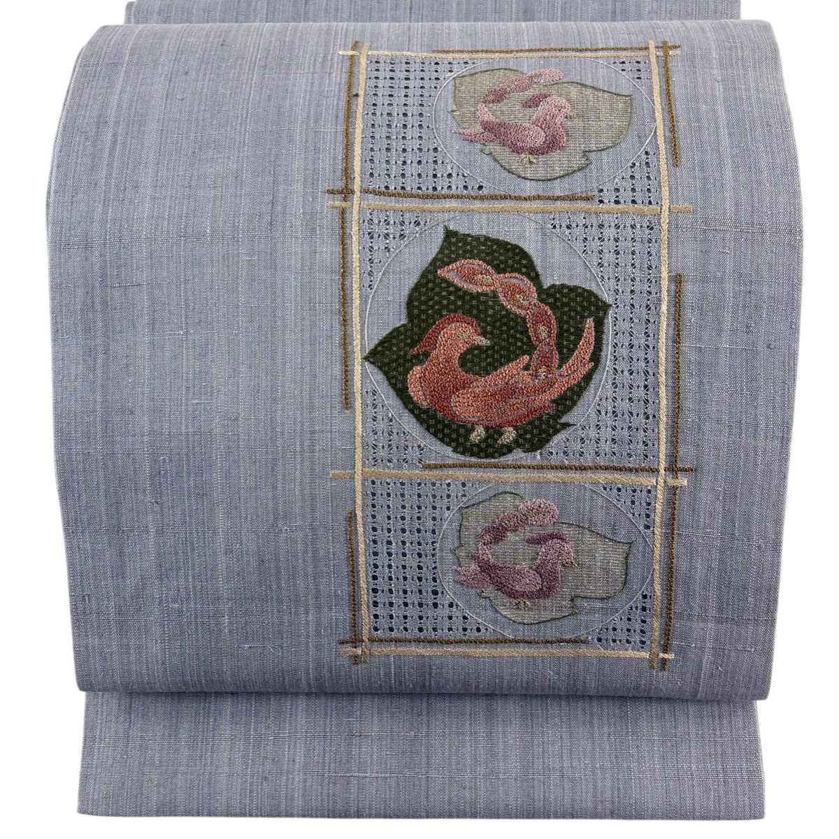 【美品】 開き名古屋帯 秀品 紬地 葉柄 鳥 刺繍 金糸 灰色 正絹 【中古】