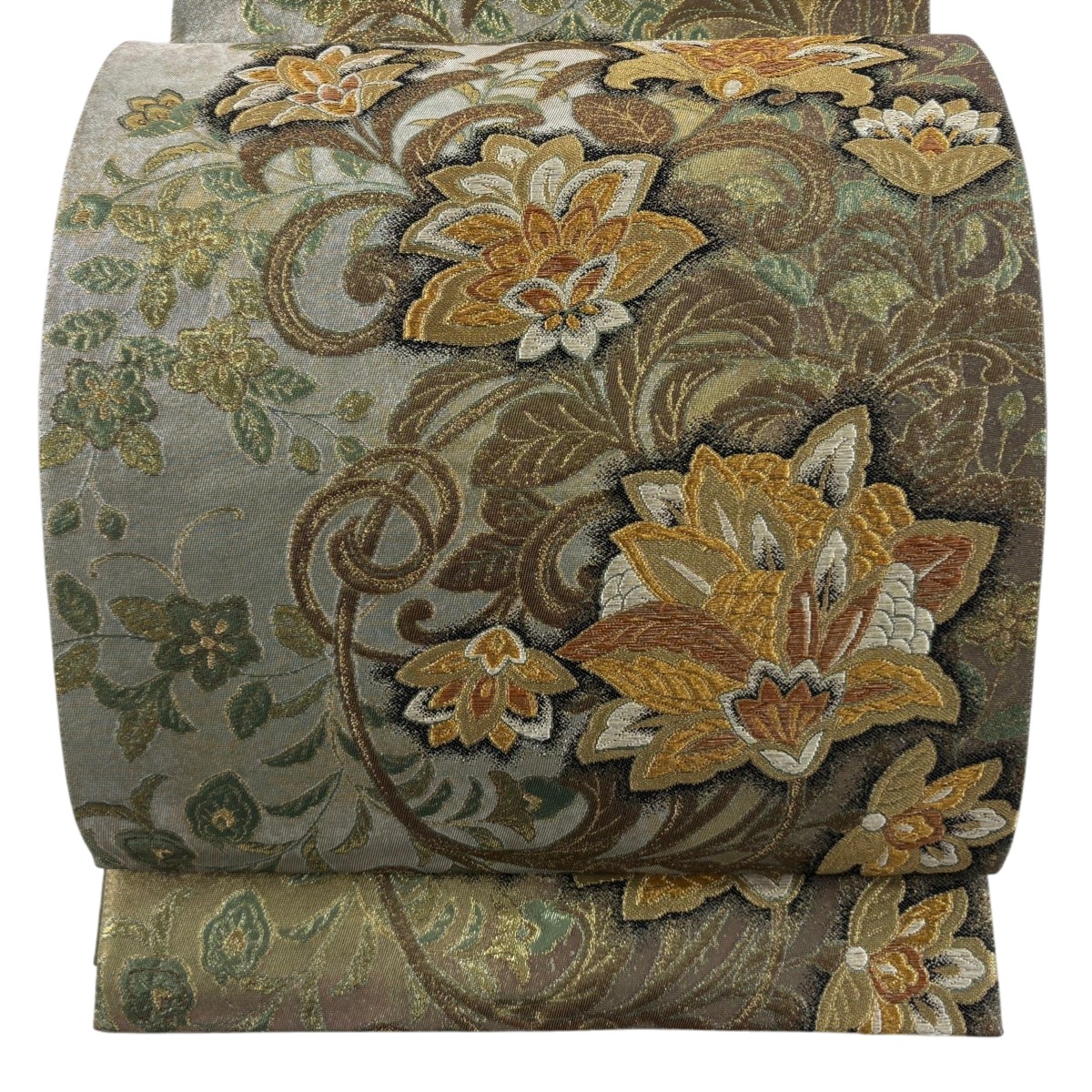 【美品】 袋帯 秀品 花唐草 草花 箔 金糸 銀色 六通 正絹 【中古】