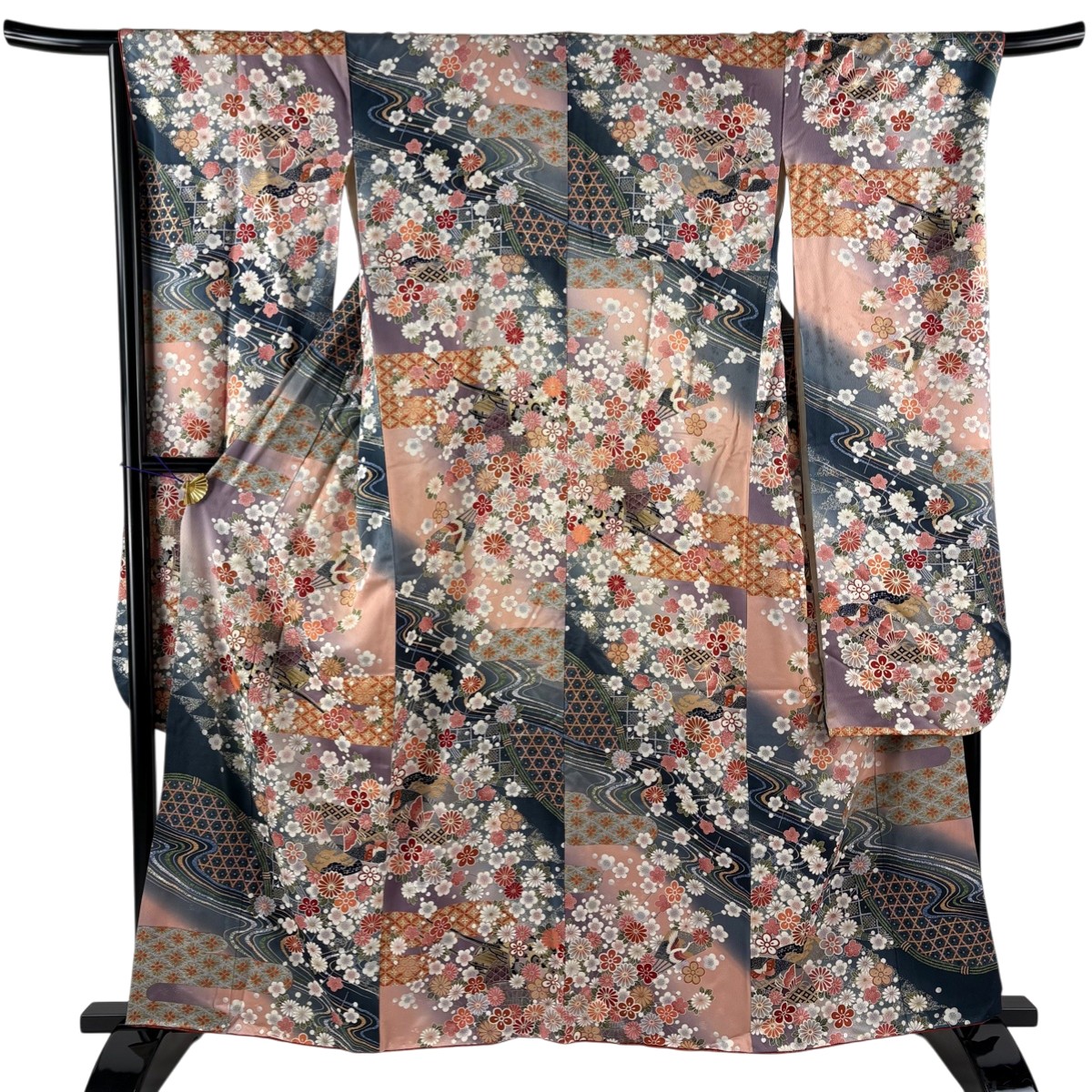 振袖 身丈160cm 裄丈66.5cm M 袷 花車 流水 金銀彩 ぼかし ピンク 正絹 秀品 【中古】