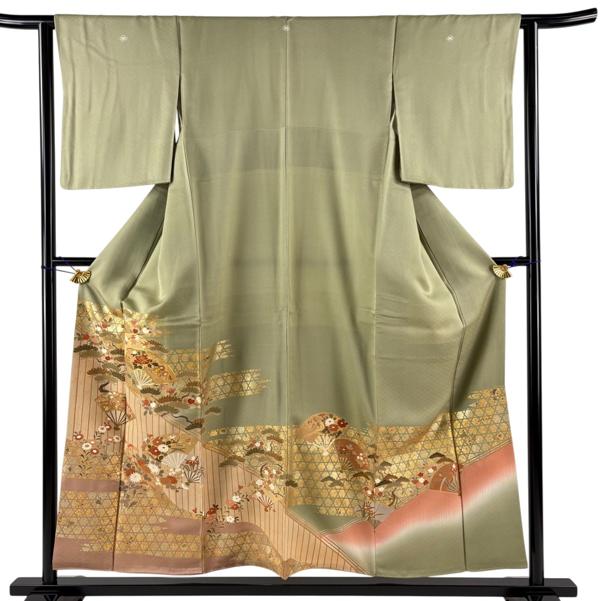 色留袖 身丈155cm 裄丈62.5cm S 袷 扇 草花 金糸 金彩 灰緑 正絹 秀品 三つ紋 【中古】