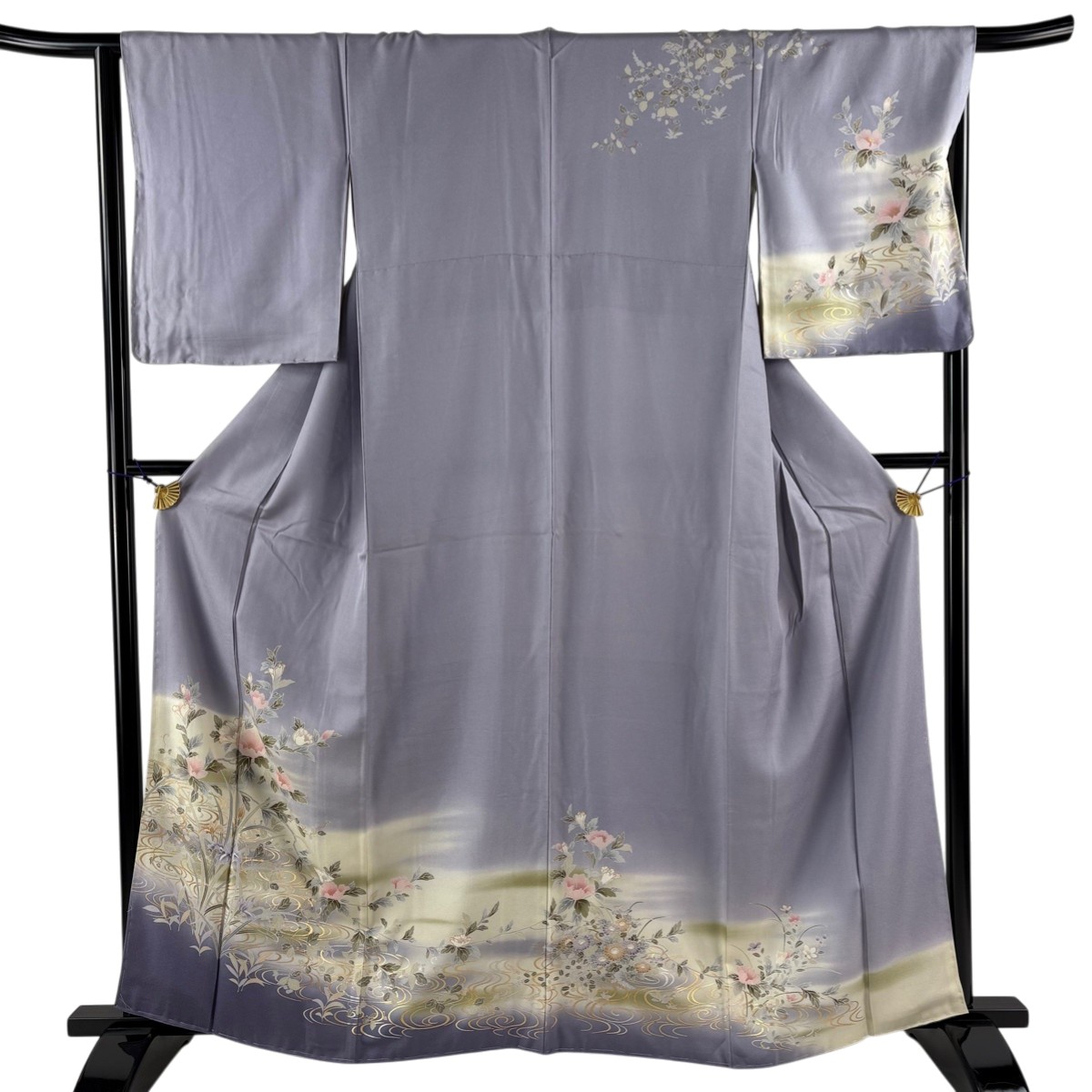 訪問着 身丈162.5cm 裄丈65cm M 袷 枝花 流水 金銀彩 ぼかし 薄紫 正絹 秀品 【中古】