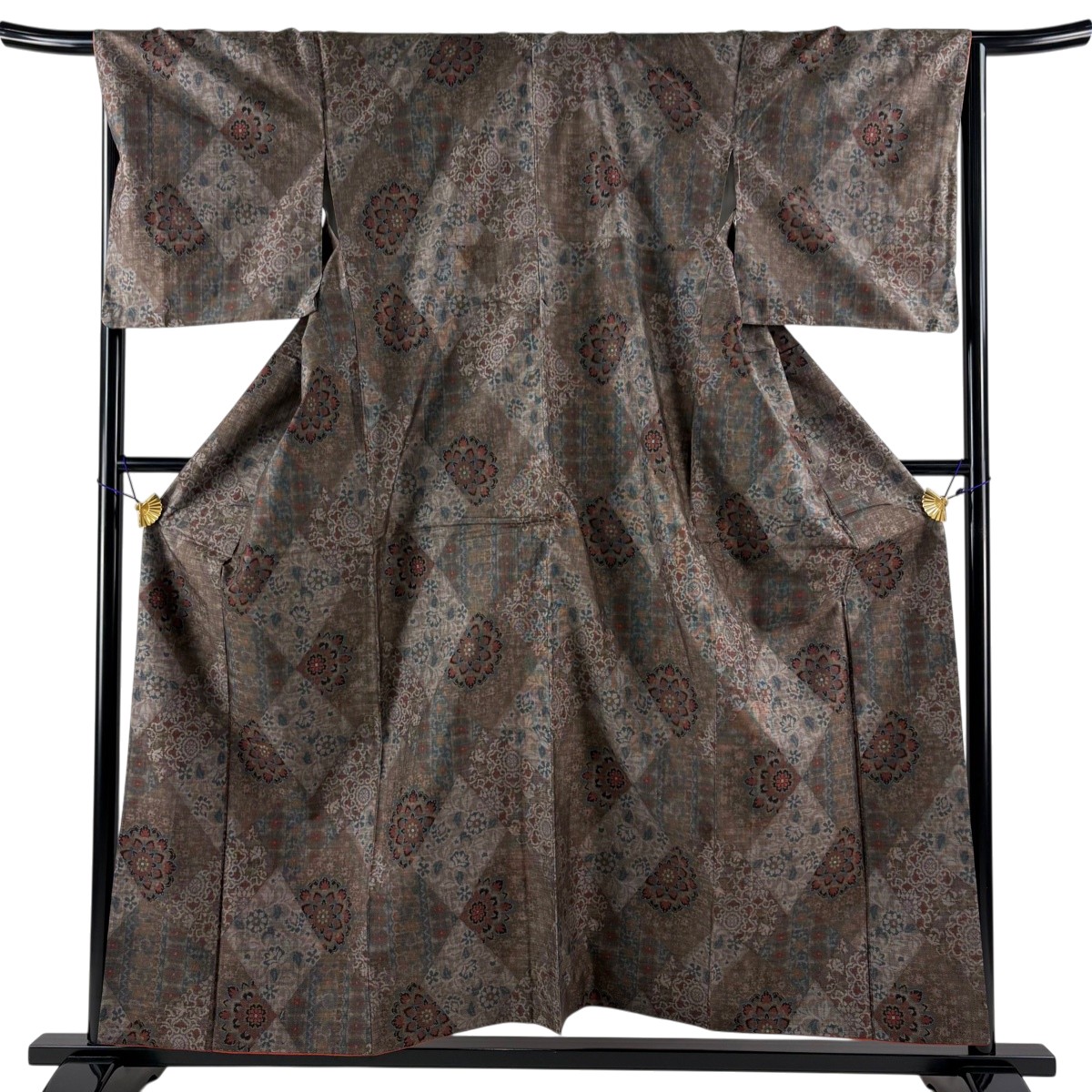 【美品】 紬 身丈157cm 裄丈67cm M 袷 華文 幾何学模様 茶色 正絹 秀品 【中古】