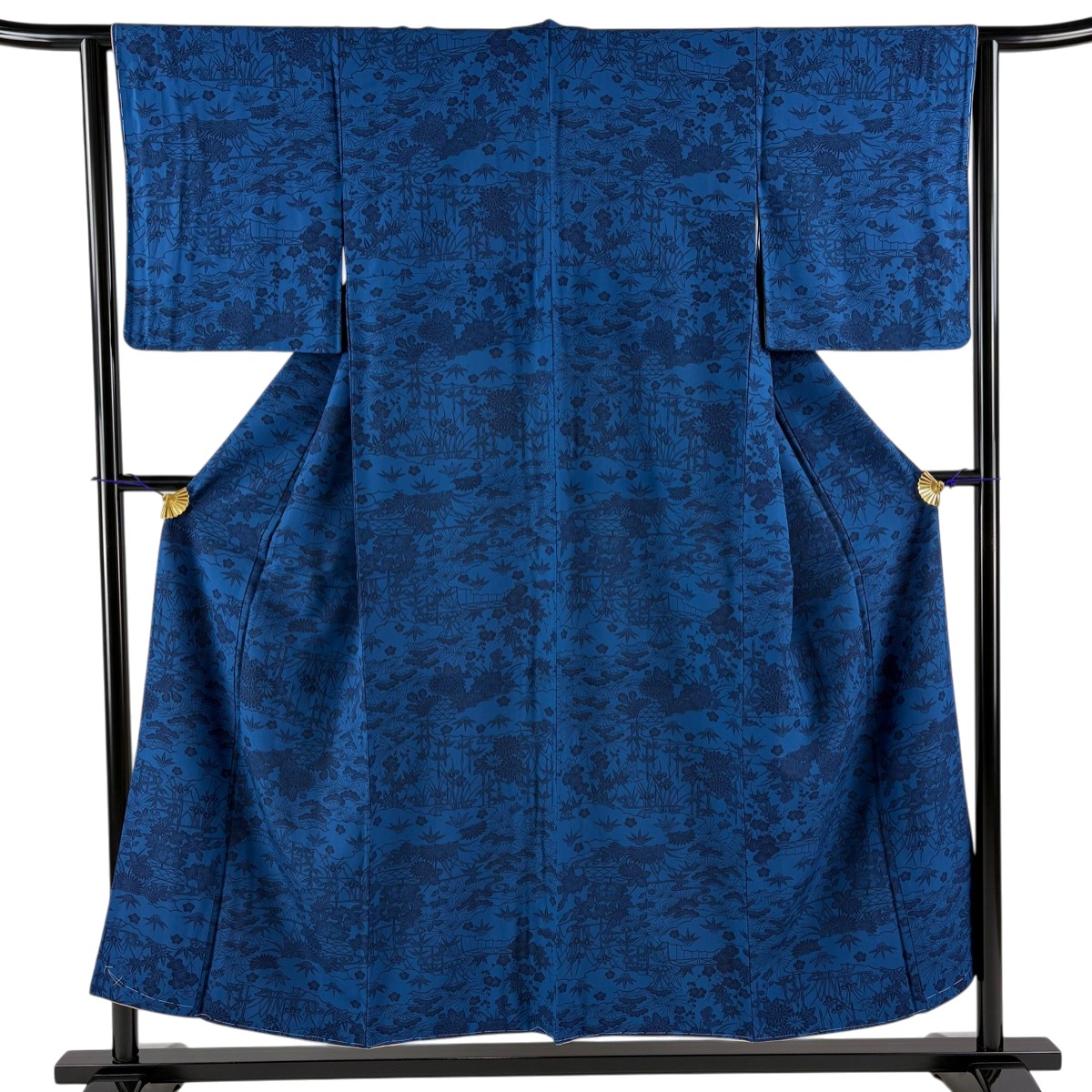 【美品】 小紋 身丈153cm 裄丈62.5cm S 袷 松竹梅 雲文 藍色 正絹 秀品 【中古】
