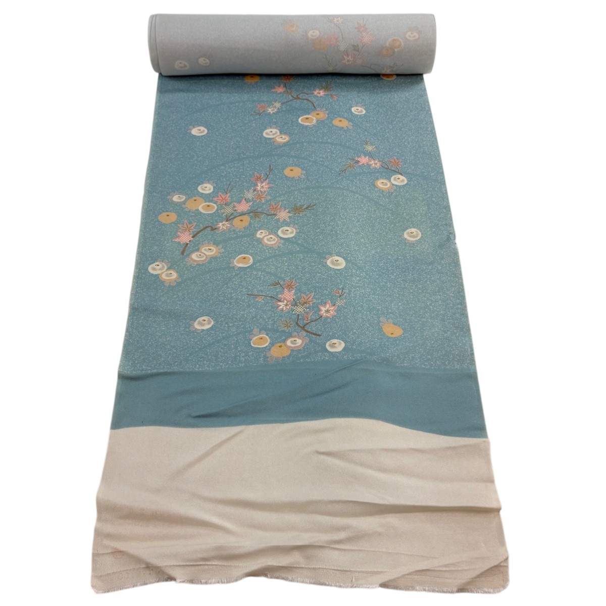 反物 秀品 小紋 万寿菊 楓 金彩 水色 正絹 【中古】