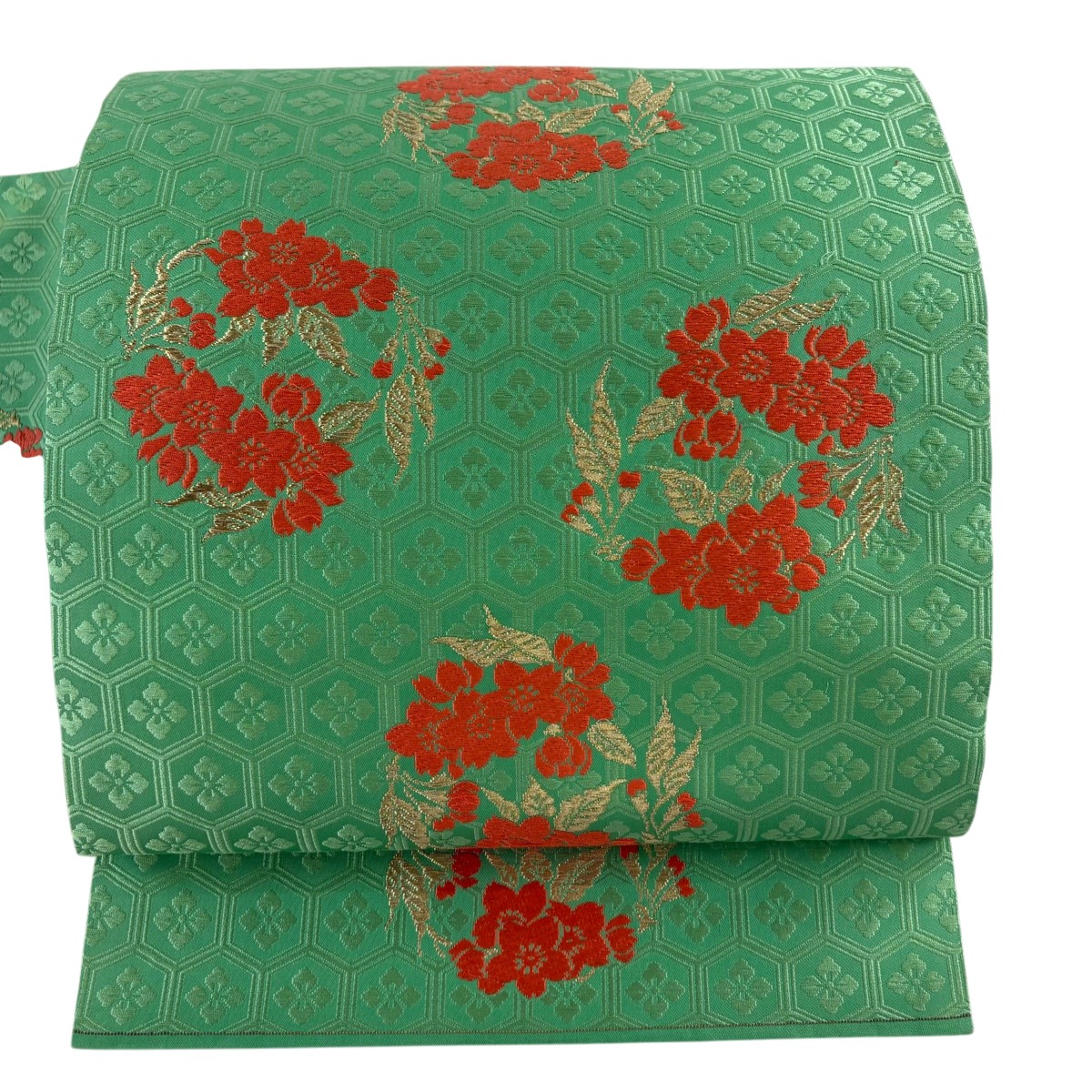 名古屋帯 秀品 関西仕立て 桜 亀甲 金糸 薄緑 正絹 【中古】