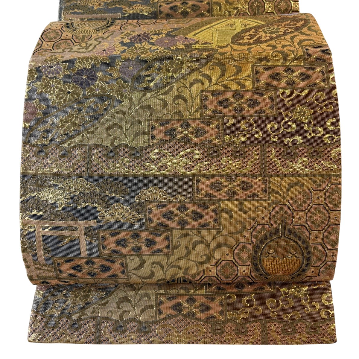 袋帯 秀品 唐草 松 箔 金色 六通 正絹 【中古】