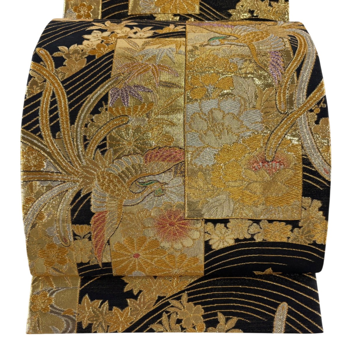 【美品】 袋帯 秀品 鳳凰 草花 箔 唐織 黒 六通 正絹 【中古】